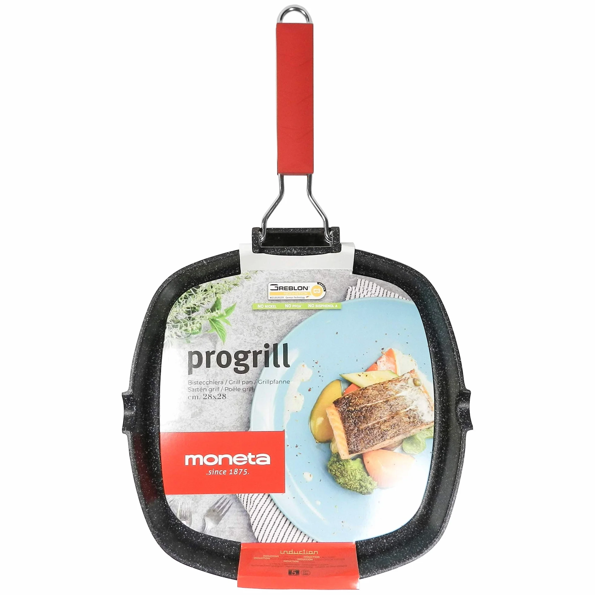 Moneta Bistecchiera antiaderente 28x28cm Pro Grill con manico pieghevole induzione