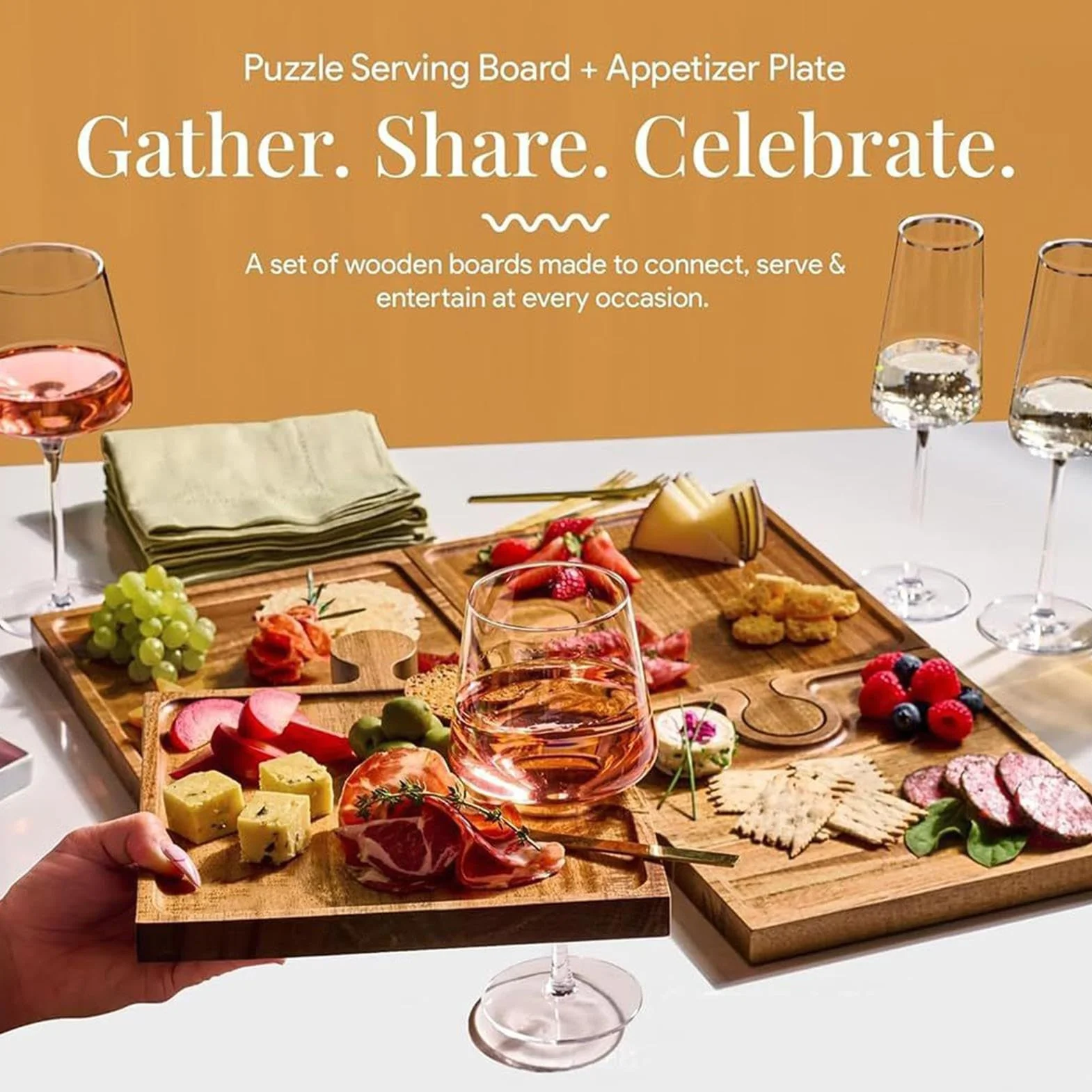 Charcuterie Board - 4-Piece Interlocking Wooden Serving Platter, Multi-Function Food Presentation Set with Sturdy Bamboo Construction, Ideal for Family Hostess Kitchen Party Wedding Holiday Apartment