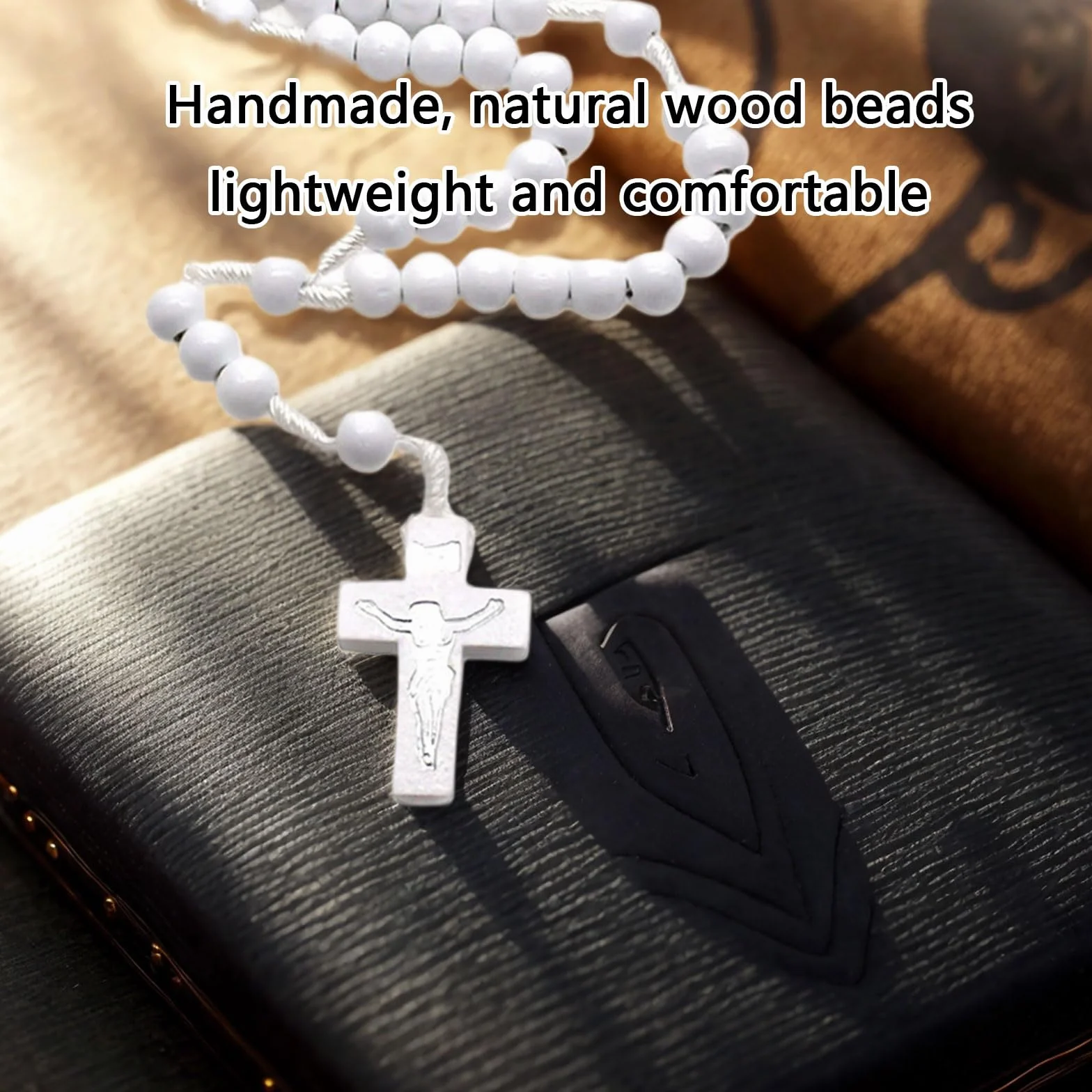 Rosario in legno bianco con croci per fedeli preghiera religiosa unisex con croci per meditazioni e pace