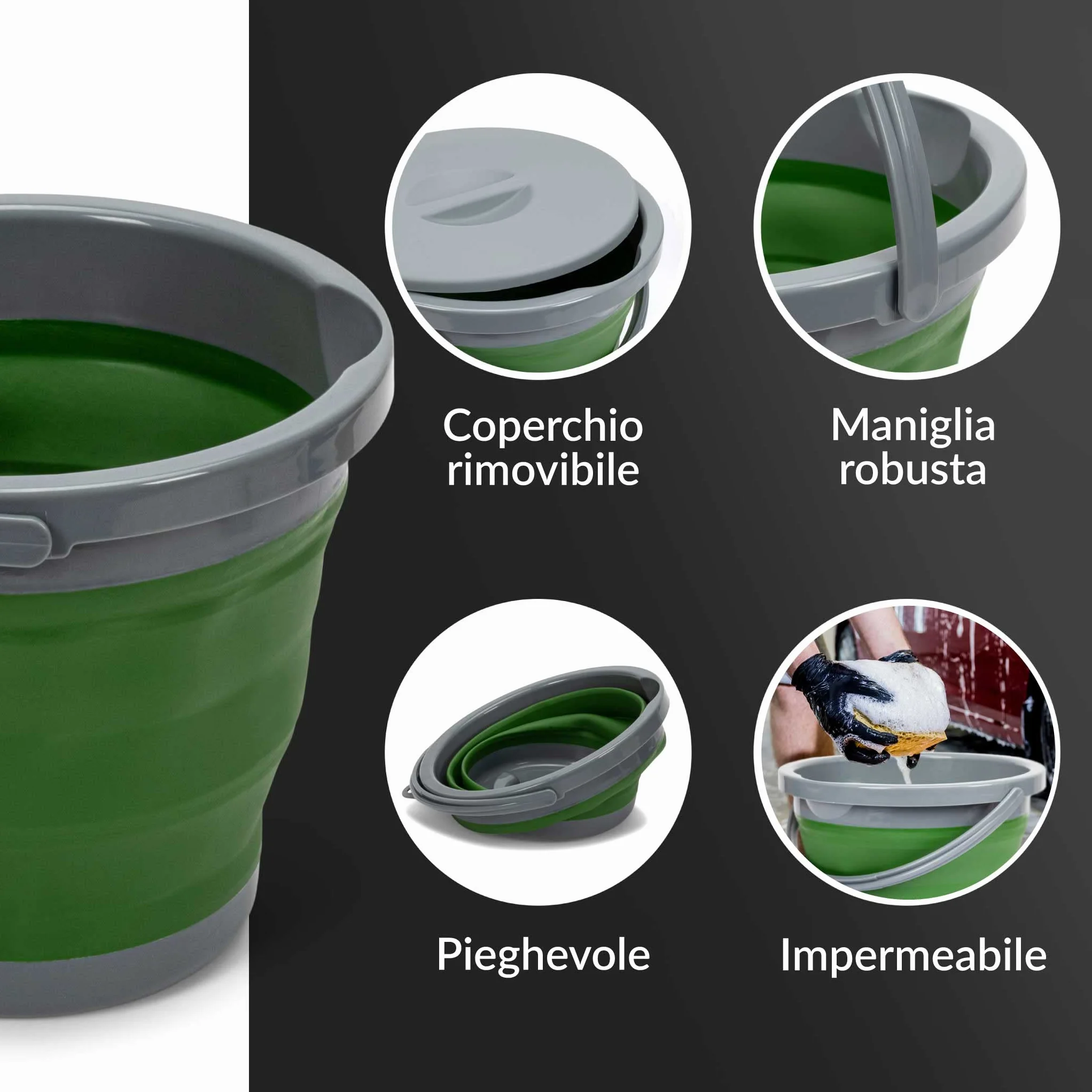 Secchio Pieghevole 5 Litri con Coperchio e Manico | Secchio 5l in Plastica e Silicone per Campeggio, Pesca, Pulizia, ecc. | Richiudibile & Salvaspazio