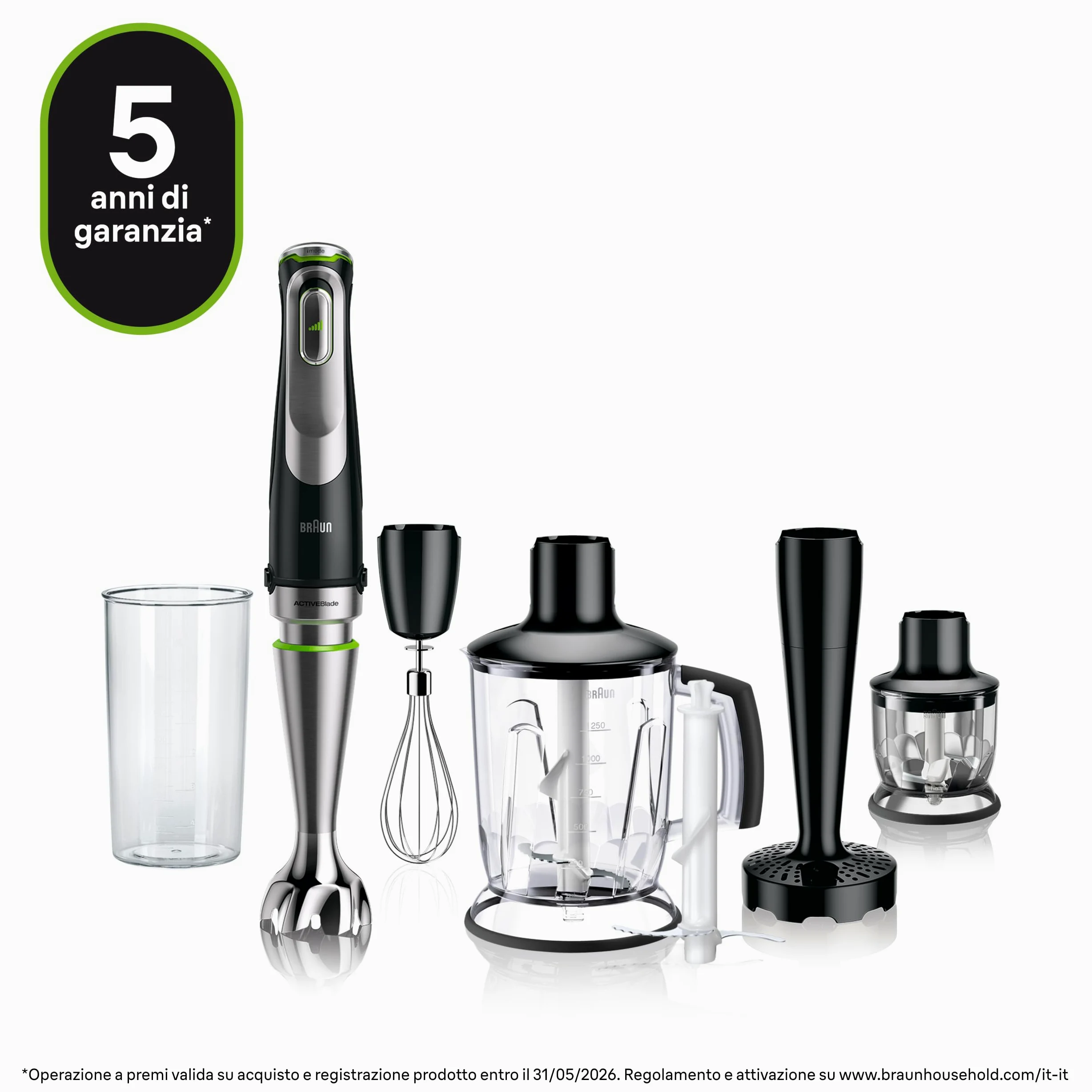 Braun MultiQuick 9 - Frullatore a Immersione Anti Splash, Selezione di Velocità Precisa, Active PowerDrive, Frullatore a Caraffa, Tritatutto, Bicchiere 600 mL, 1200W, Nero (MQ9147X)