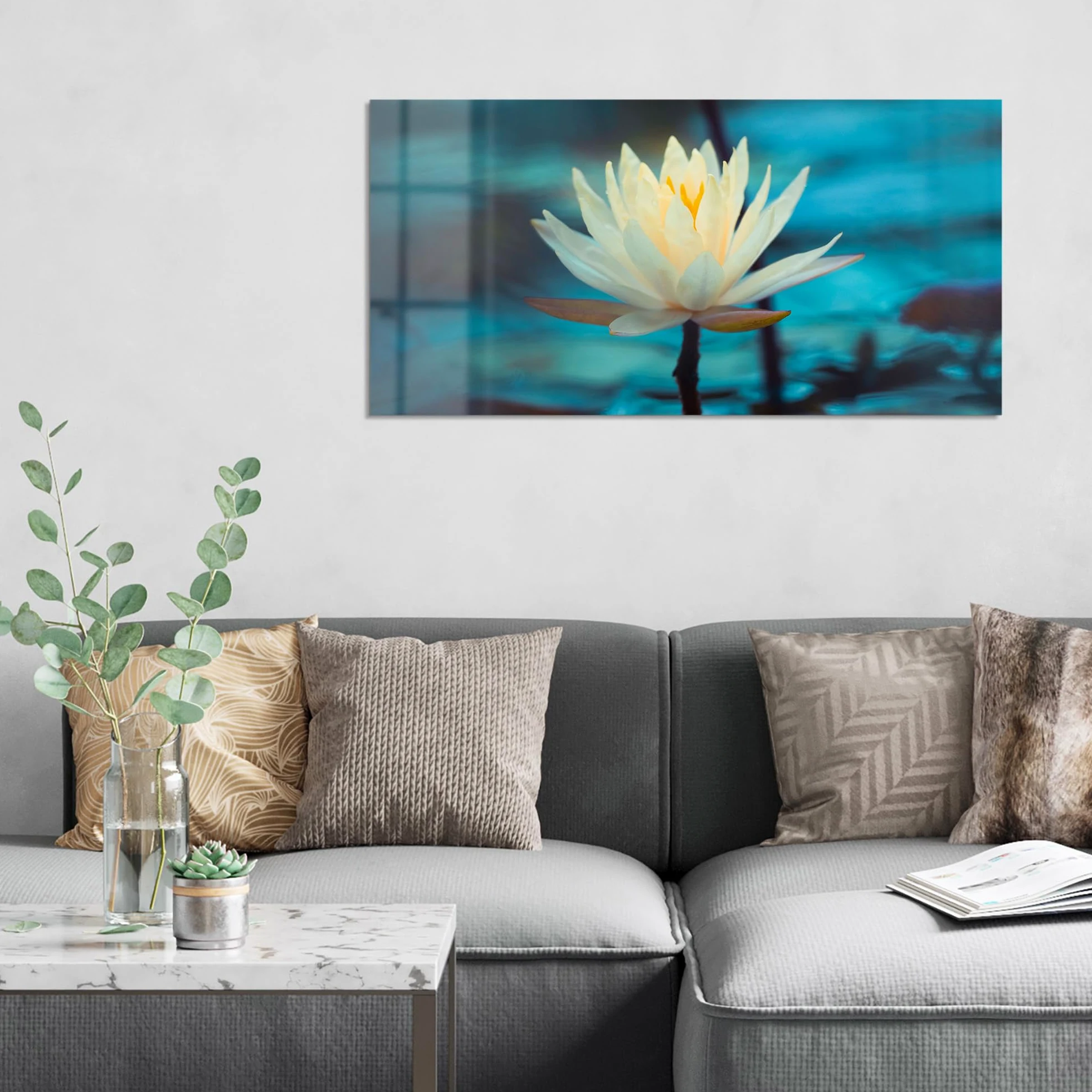 DEQORI Quadro in vetro vero | Motivo ninfee serenità | orizzontale unico pezzo 100 x 50 cm | bella decorazione da parete per soggiorno, camera da letto, corridoio e cucina | moderna decorazione da