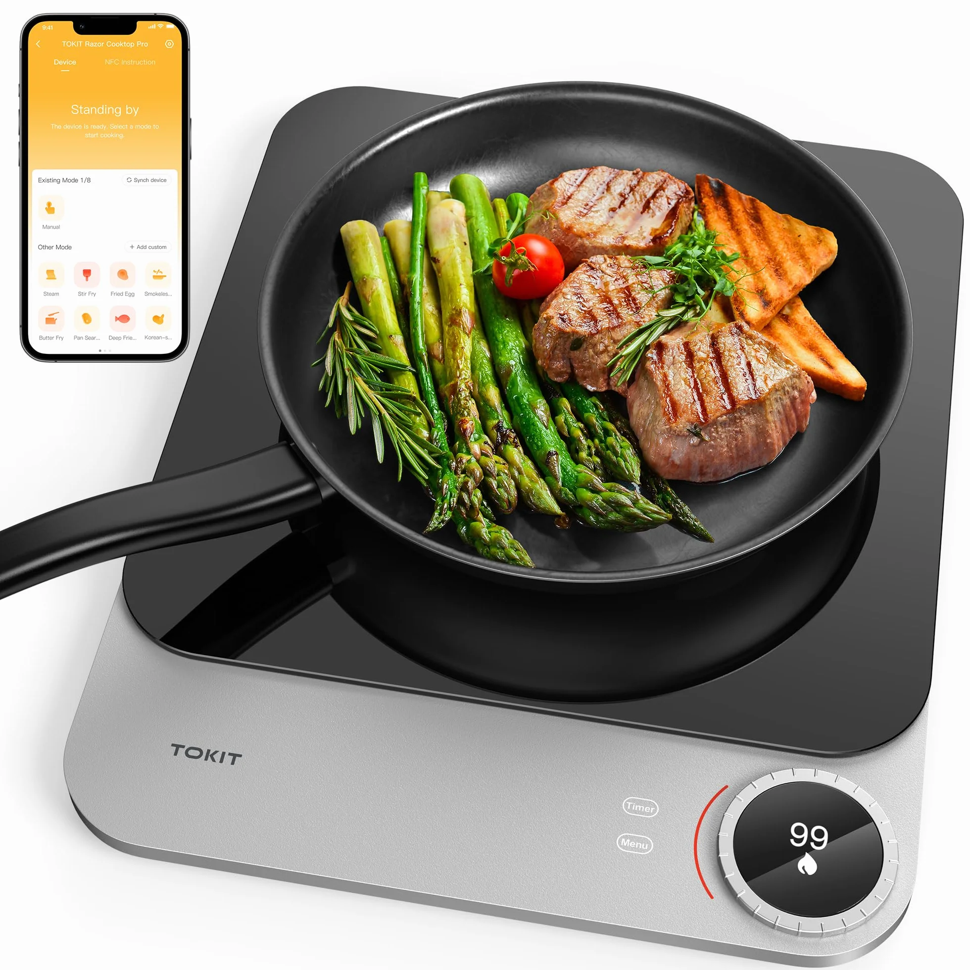 TOKIT Piastra Di Cottura A Induzione, Fuoco A 99 Livelli, Manopola+Controllo A Sfioramento,2100 W, Con Display Oled, Timer, Sensore Di Temperatura Ultra Sottile Da 20 Mm Controllo Tramite App