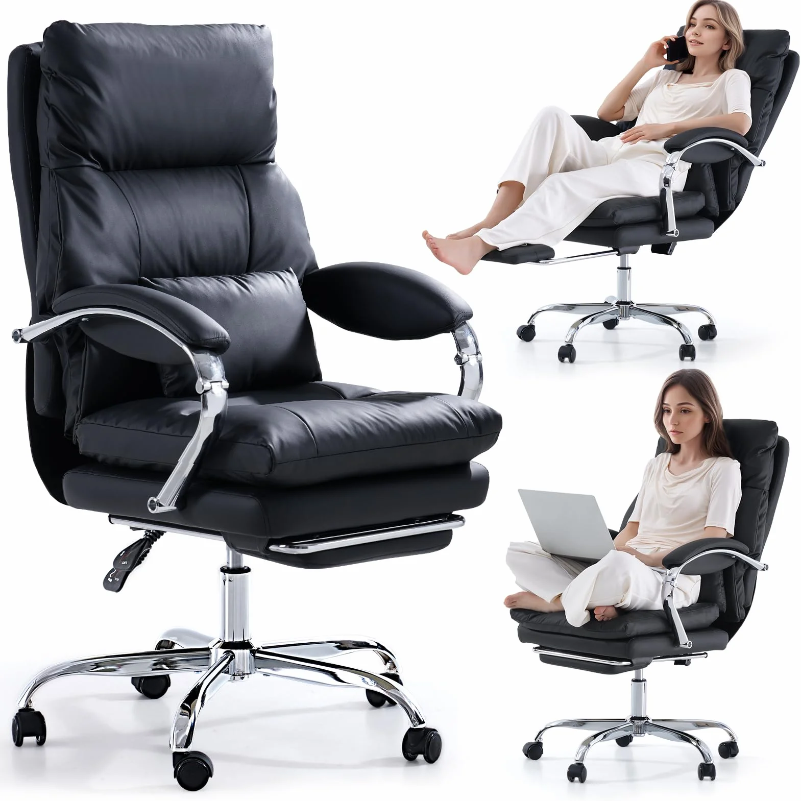 EMIAH Sedia da Ufficio Direzionale con Poggiapiedi, Comoda Sedia Scrivania con Braccioli, Poltrona Ufficio Ergonomica Reclinabile in Pelle PU con Ruote, Sedia per Computer con Cuscino Ispessito, Nero