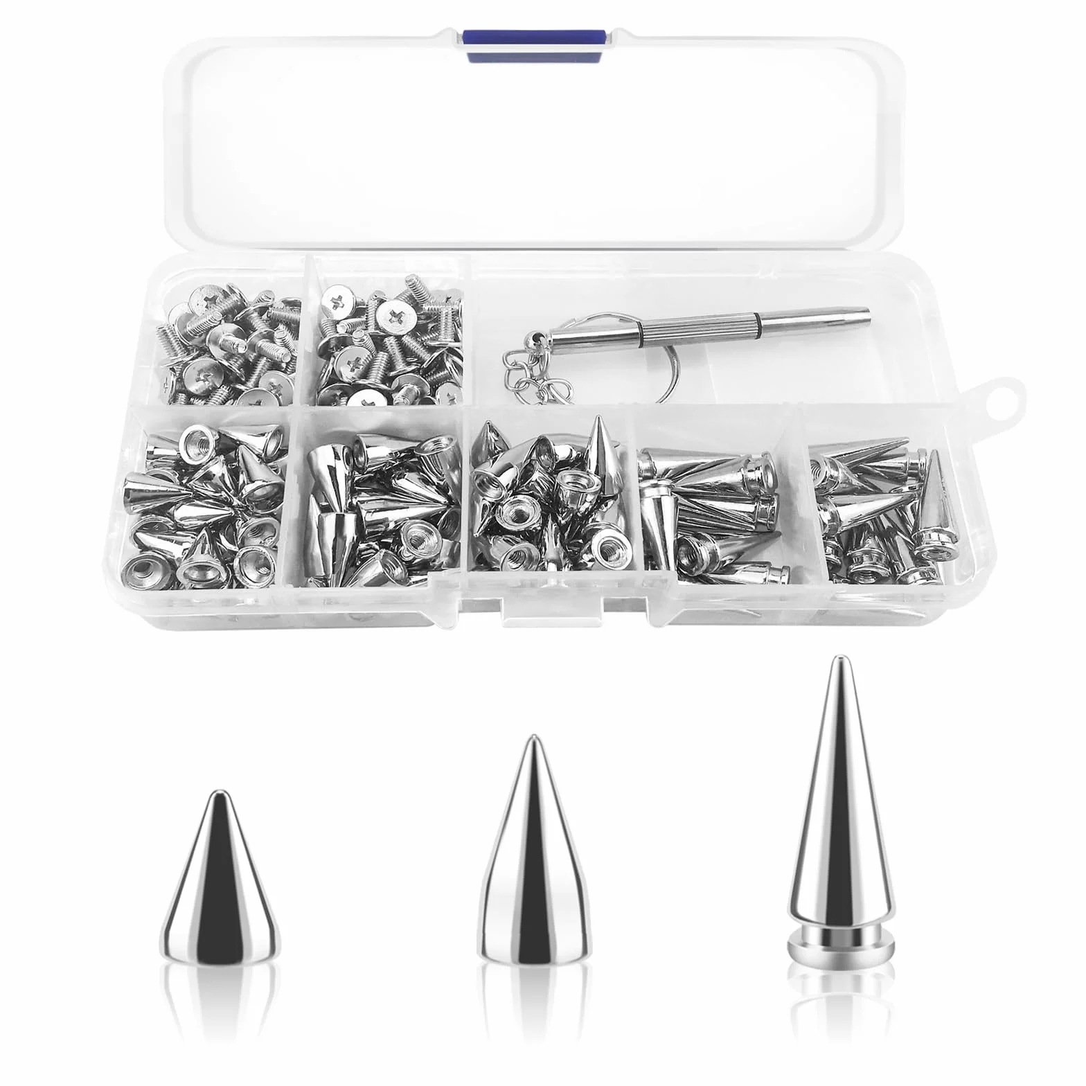 100 pz Spikes Studs 7mm Metallo Cone Spikes Rivet, Punk Rock Vite Back Studs per DIY Borse Abbigliamento, con cacciavite (argento, 3 dimensioni)