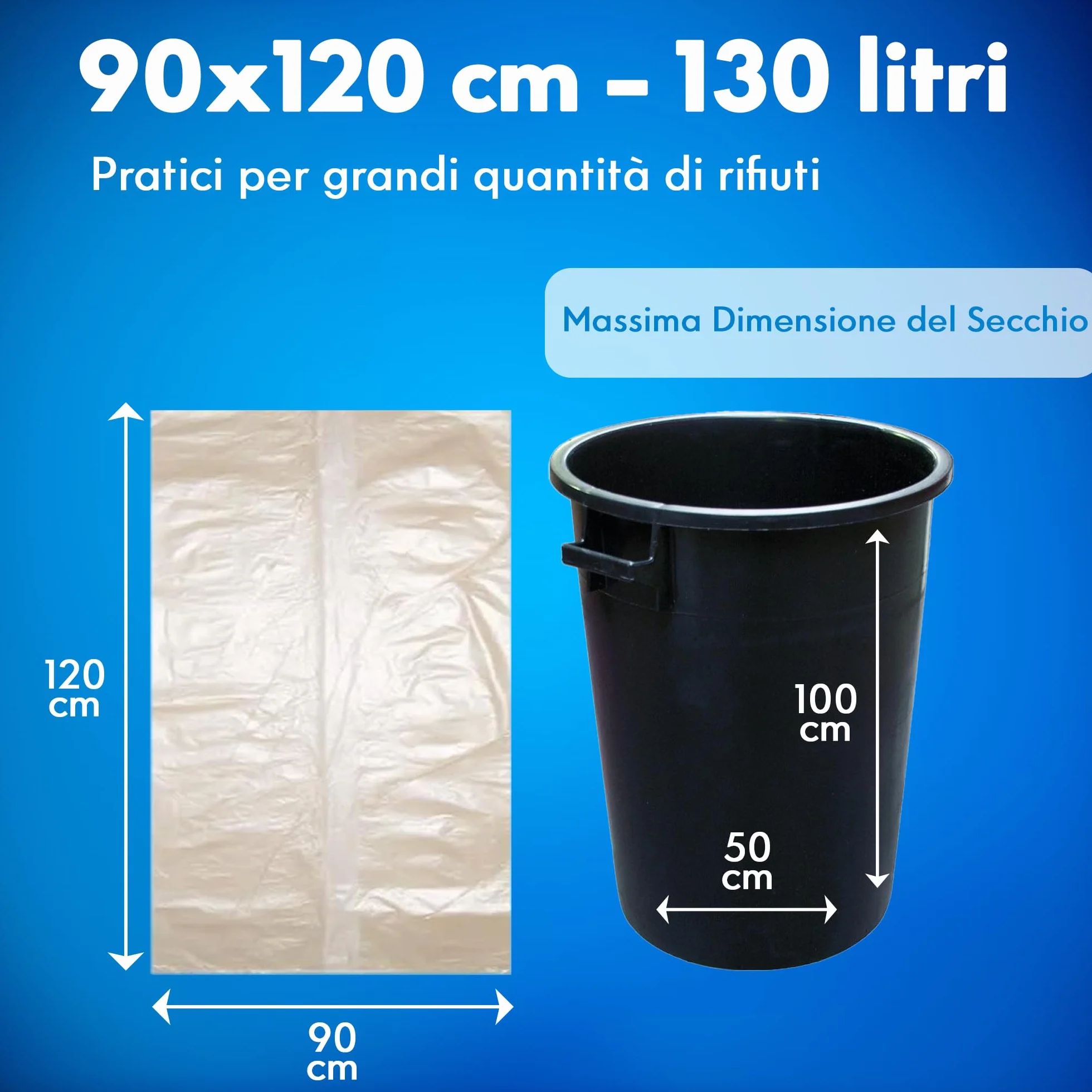 GM 80 Sacchi Ambra Trasparenti Grandi Resistenti misura 90x120 cm in Plastica HDPE, 130 litri, Sacchetti indifferenziata, Buste spazzatura, Bustoni immondizia condominiali, 8 Rotoli da 10 Buste