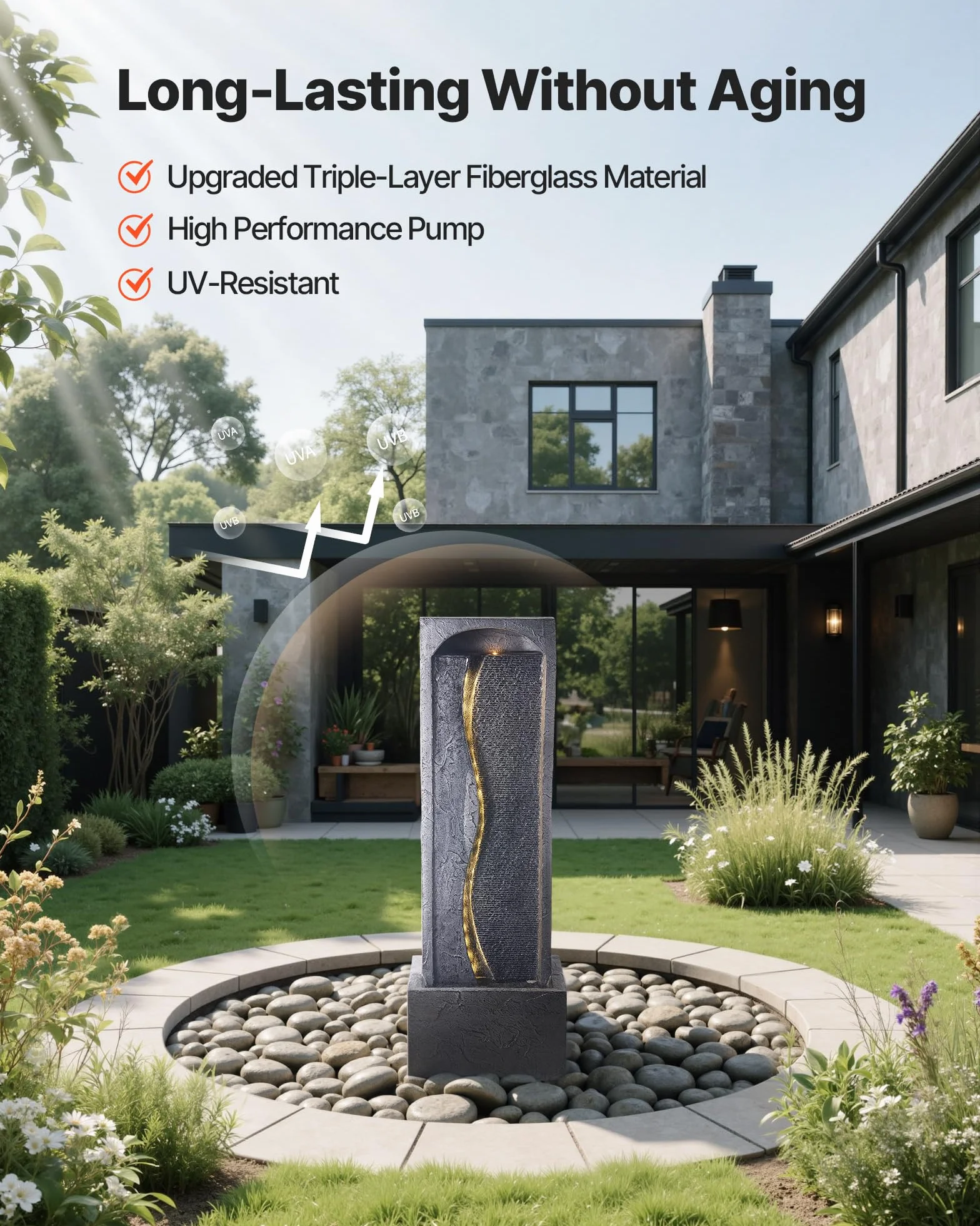 VEVOR Fontana da Esterno, Fontana e Cascata da 340 x 220 x 980 mm, Fontane a 1 Livello con Base in Pietra da Pavimento con Luce LED e Pompa, per Esterni, Interni, Giardino, Casa, Patio e Cortile