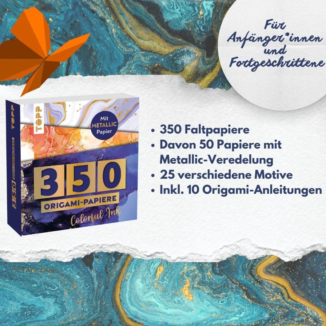 Origami Block Colorful Ink 350 Falt-Papiere 14x14 cm 80 g/m² 25 Designs Metallic-Folie Origami-Grundkurs Softcover