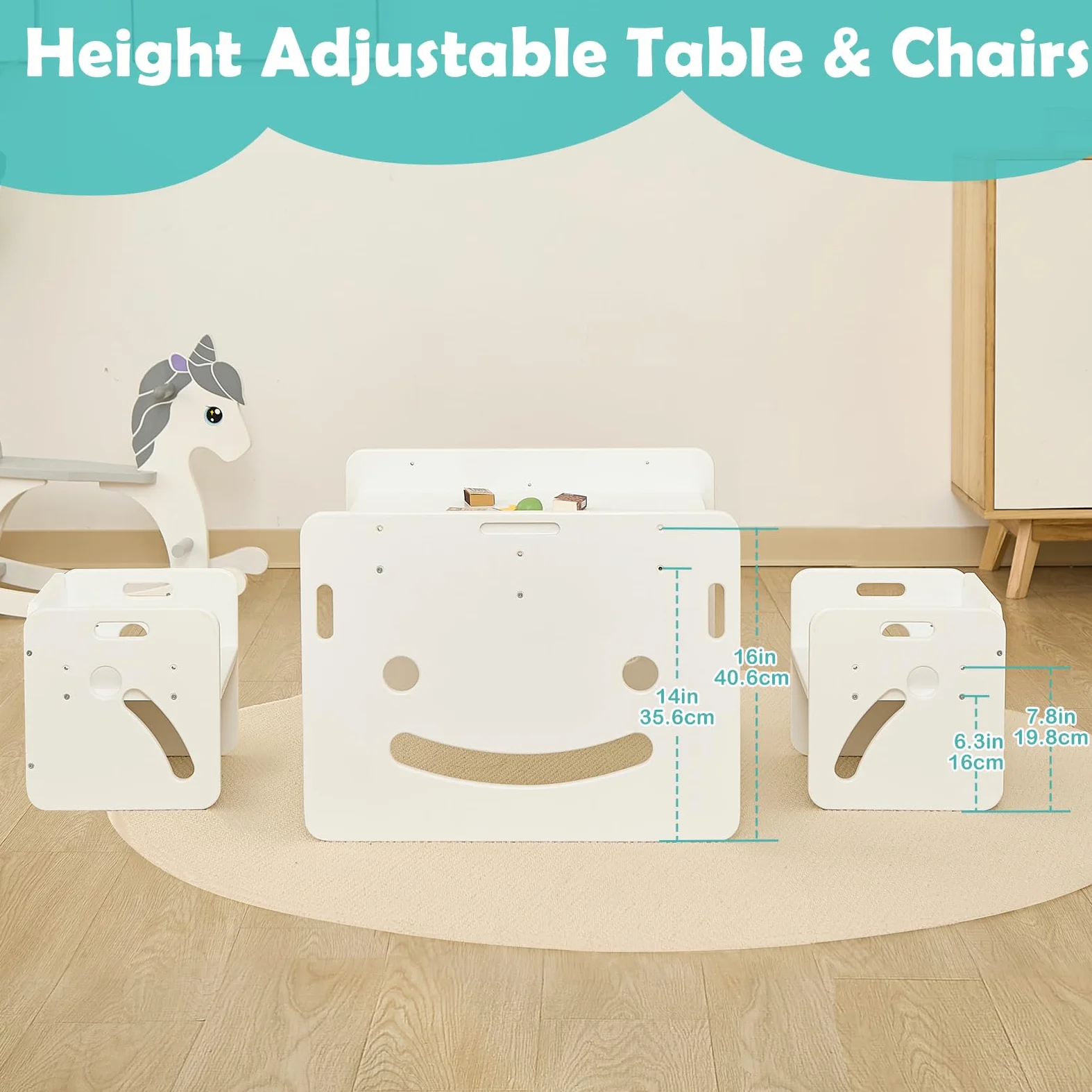 FUNLIO Set Tavolo e 2 Sedia Montessori per Bambini 1-3 Anni, Altezza Regolabile, Ideale per Leggere/Mangiare/Giocare, Montaggio Semplice, Certificato CPC - Bianco