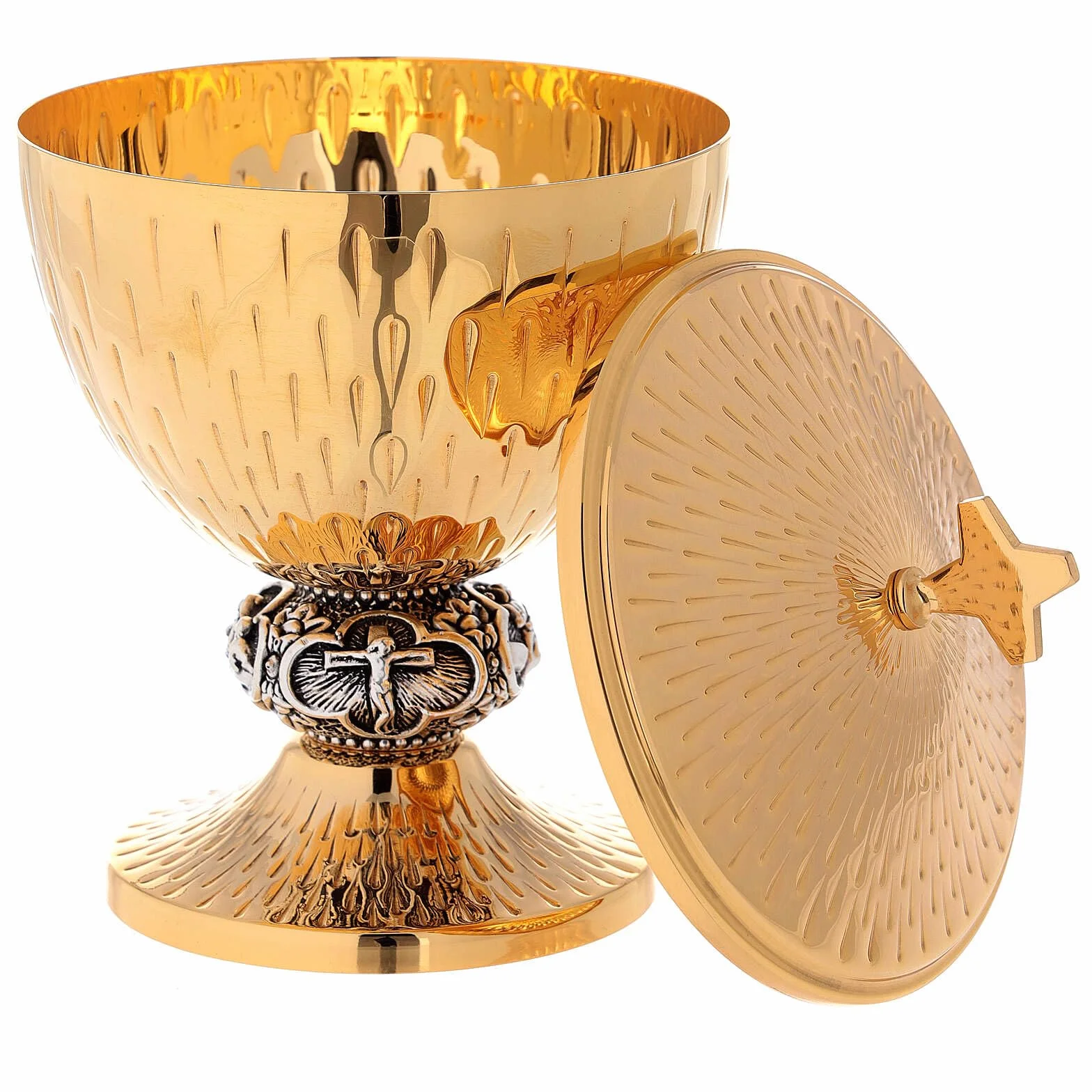 Holyart Calici Pissidi Patene metallo: Calice pisside patena ottone argento scene vita Gesù, Patena