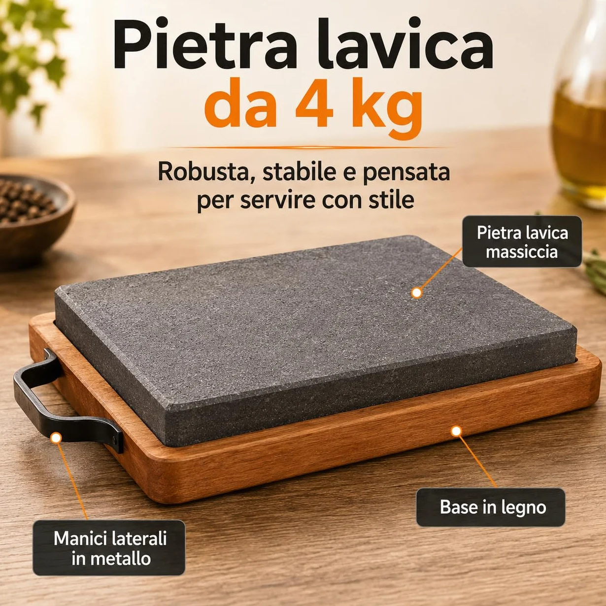 Piastra Rettangolare in Pietra Lavica 30x20,5 cm con Vassoio Legno Bistecchiera Nero Marrone