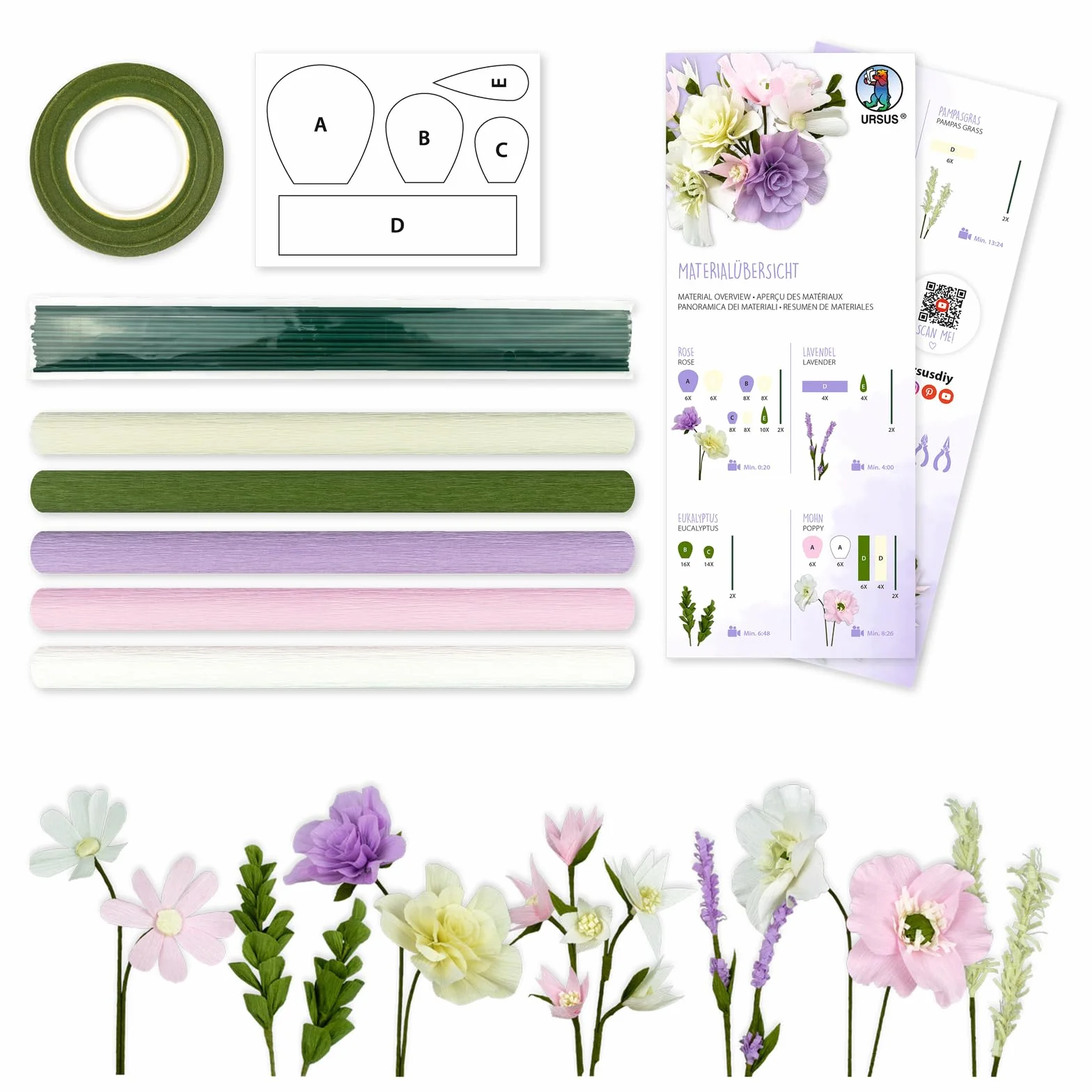 URSUS Set di fiori viola fai da te in carta crespa, bouquet con rosa, lavanda, eucalipto e papavero