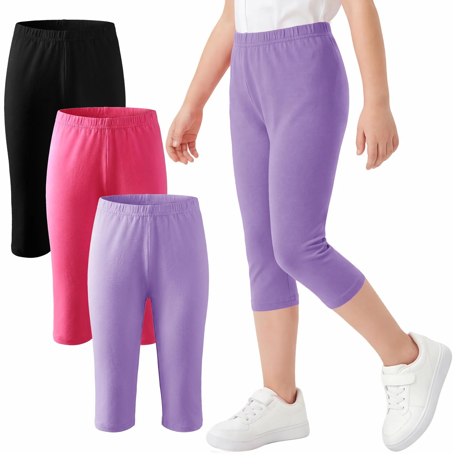 Leggings Capri per Bambine Pacco da 3 Unita Pinocchietti Ragazze Cotone 3/4 Legging Ciclismo Elasticizzati Pantaloni con Elastico in Vita Scuola Parco Estivi Pantacollant per Bambina 5-12 Anni