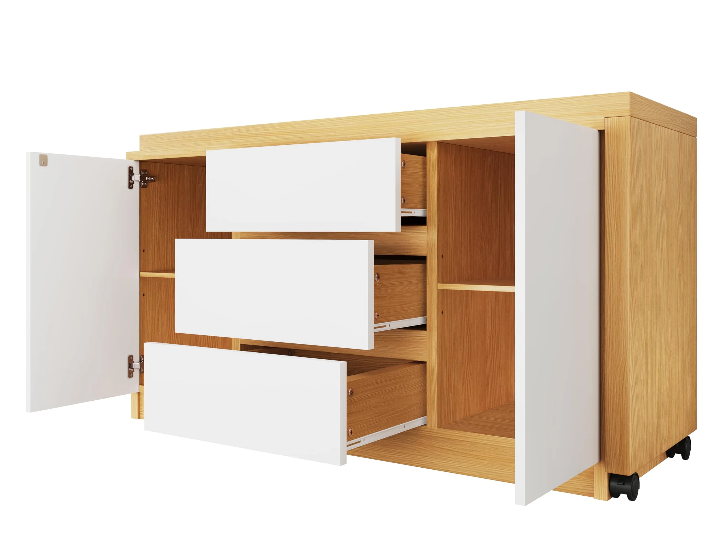 Scrivania con ruote bloccabili, design multifunzionale, 4 cm di spessore, piano girevole bloccabile, scrivania pieghevole, scrivania angolare, credenza (legno + bianco)