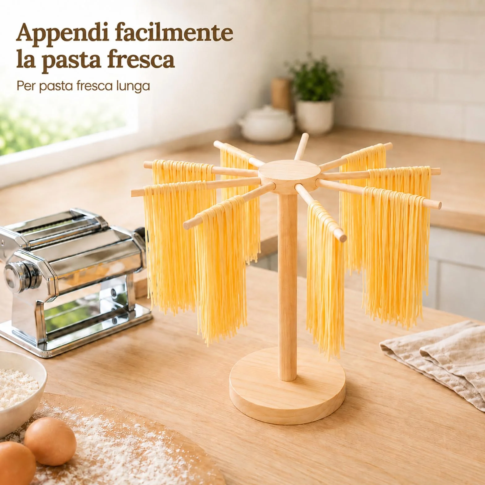 Essiccatore per Pasta, Stendi Pasta Fresca in Legno, Essiccatore Pasta Fresca, con 9 Bracci Rimovibili, Riutilizzabili, per L'Essiccazione di Pasta, Noodles Cinesi, Vermicelli, Altezza 40 cm