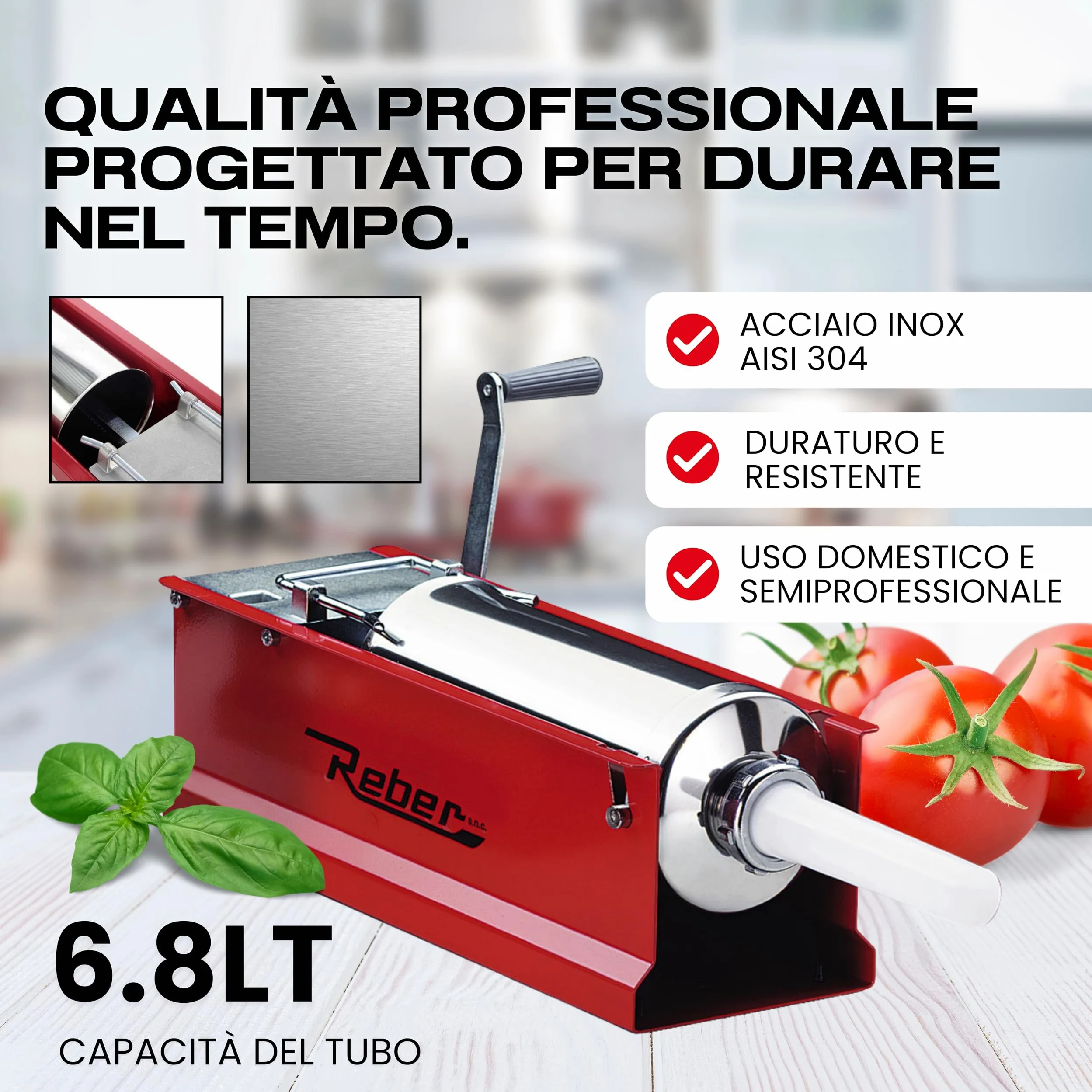 Reber Insaccatrice Manuale 6,8L/8KGS – Macchina per Salsicce Orizzontale con Sistema a 2 Velocità, per Uso Domestico e Professionale - Struttura Robusta in Acciaio INOX – 4 Imbuti Inclusi