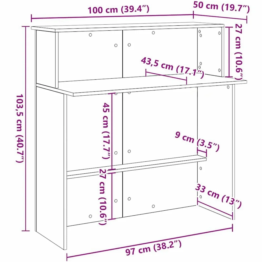 Bancone da ricevimento, in legno grigio cemento, 100 x 50 x 103,5 cm, con spazio e ripiano, scrivania versatile per ufficio, reception, postazione di lavoro e home office, struttura stabile con