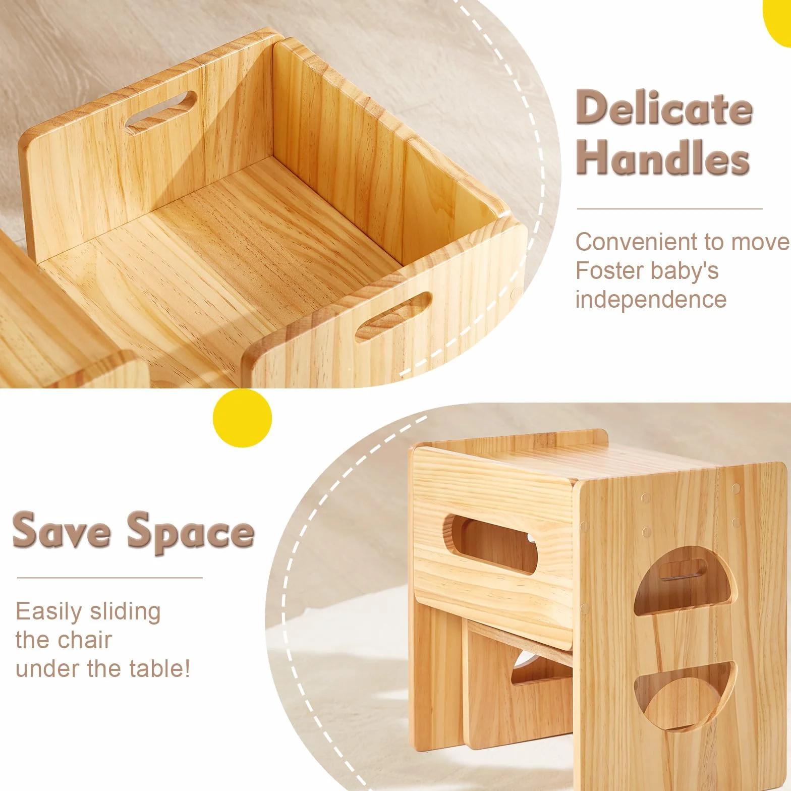FUNLIO Set di tavolo e sedia Montessori regolabili in altezza per età 1-3, in legno massiccio, set di sedia da tavolo per bambini per leggere/mangiare/giocare - Naturale