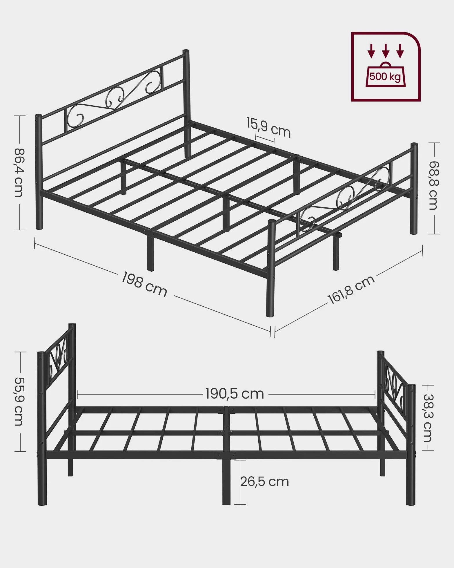 VASAGLE Struttura Letto Matrimoniale, Letto a Doghe in Metallo per Materassi di 160 x 190 cm, per Stanza di Ospiti, Montaggio Facile, per Spazi Piccoli, Nero Inchiostro RMB069B01