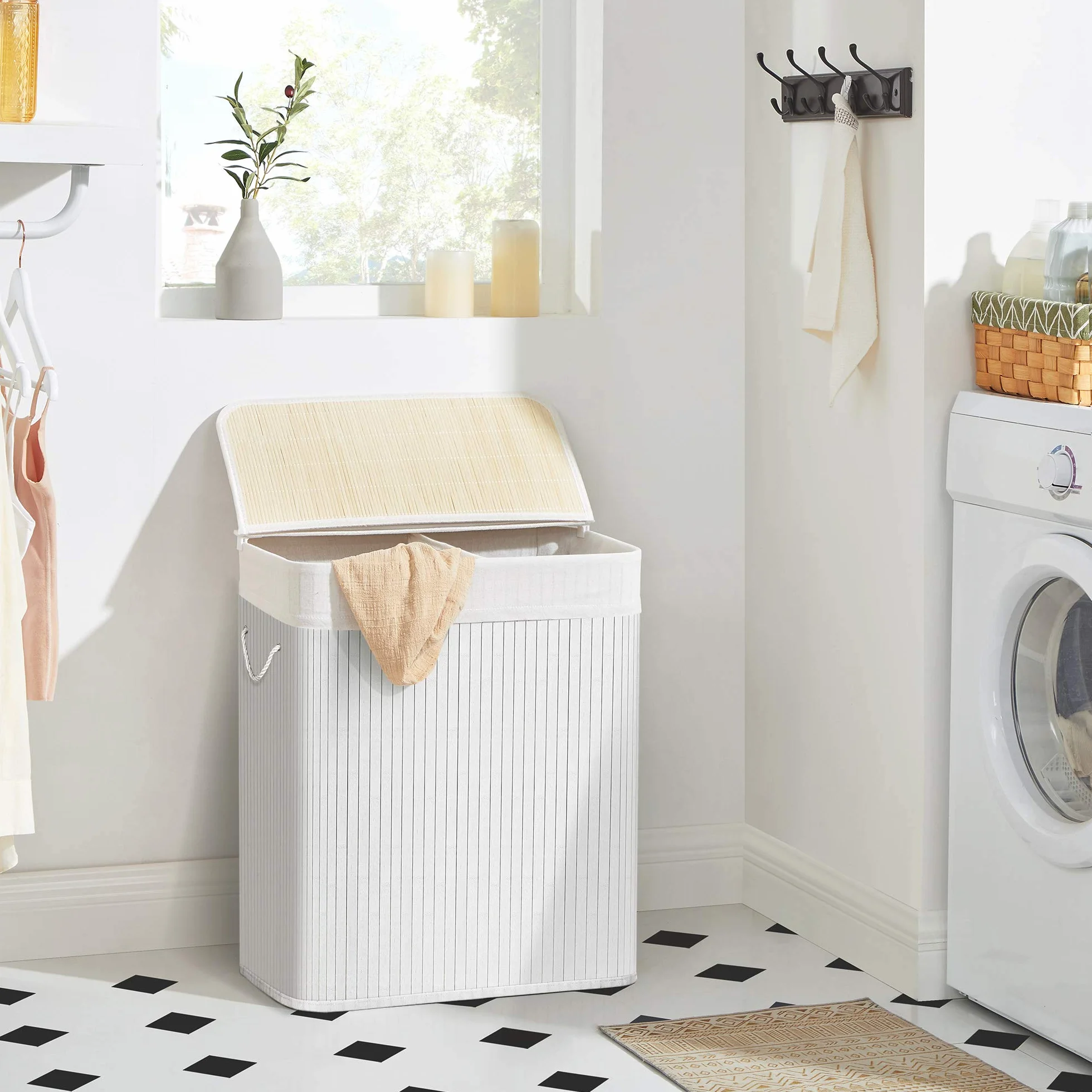 SONGMICS Cesto Portabiancheria, 100 L, Cesta Biancheria a 2 Scomparti in Bambù, Coperchio, Maniglie, Pieghevole, Sacco Rimovibile e Lavabile in Lavatrice, Lavanderia, Casa, Bagno, Bianco LCB64WT