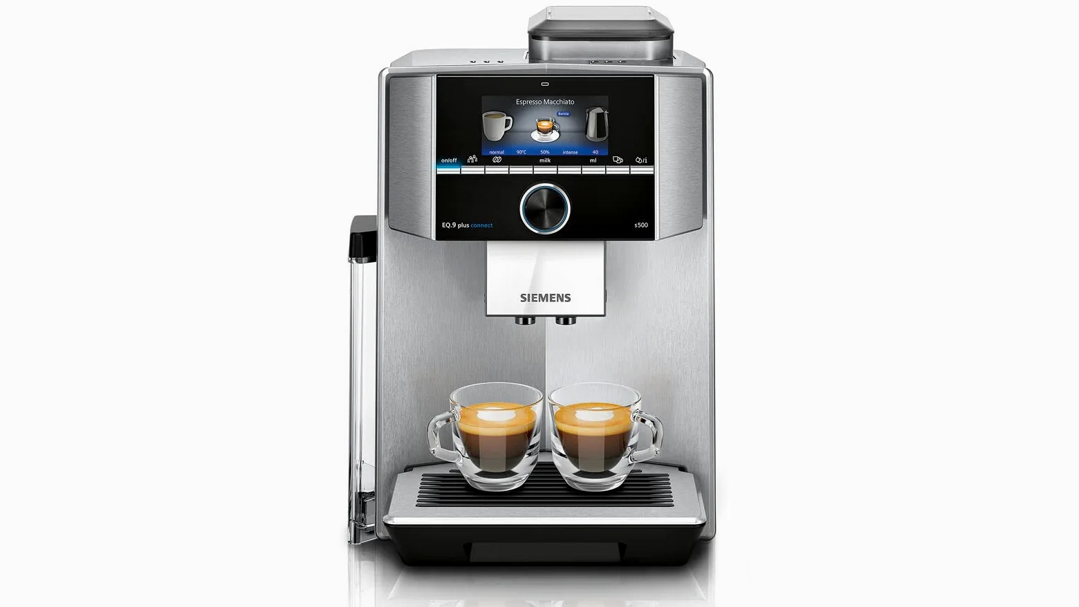 Siemens EQ.9 Plus Connect s500 TI9553X1RW - Macchina da caffè automatica collegata con schermo TFT, macinatore in ceramica silenziosa, 14 ricette di caffè, modalità barista, colore: Inox