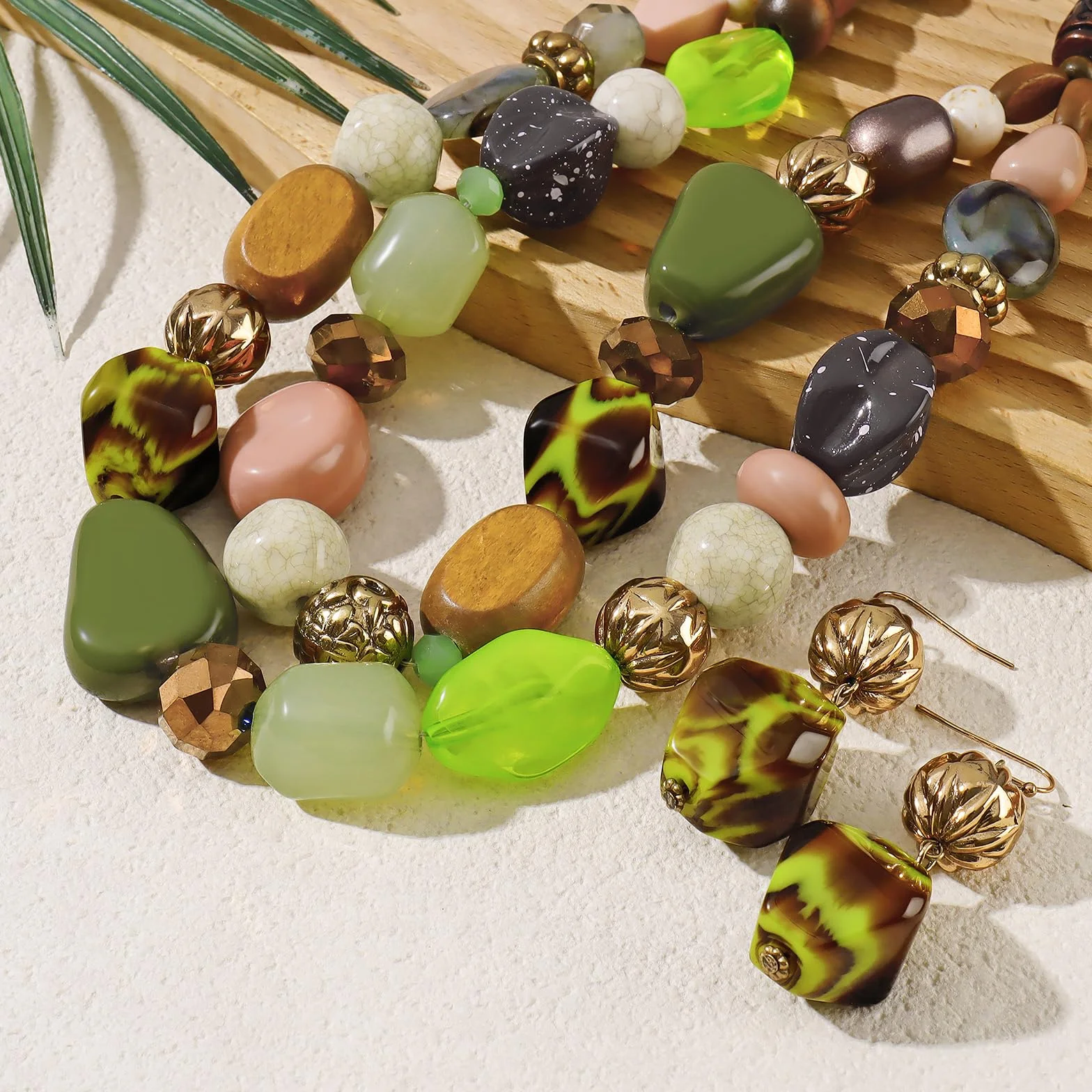 Bocar Collana a 2 strati con perline grosse alla moda, idea regalo per donne, Legno Vetro Resina Acrilico, Nessuna pietra preziosa (NK-10384)