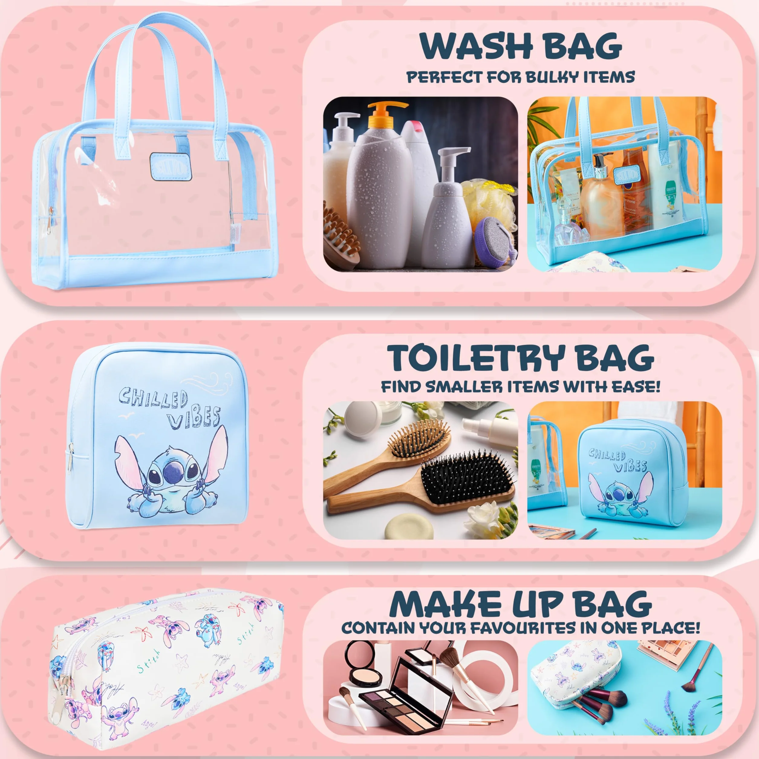 Get Trend Disney Stitch Beauty Case Donna Ragazza, Set 3 Pezzi Borsa Trasparente, Pochette e Porta Trucchi, Beauty da Viaggio per Make Up (Blu Stitch)