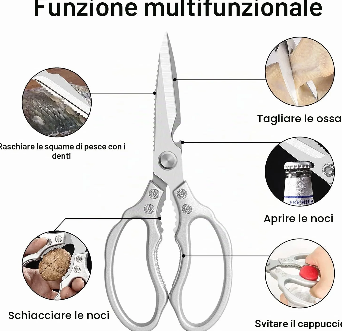 CGBE Forbici da Cucina, Forbice Cucina Resistenti Affilate in Acciaio Inossidabile, Forbici Trinciapollo Professionale Multiuso per Pollame, Pollo, Pesce, Carne, Verdure, Erbe, Argento