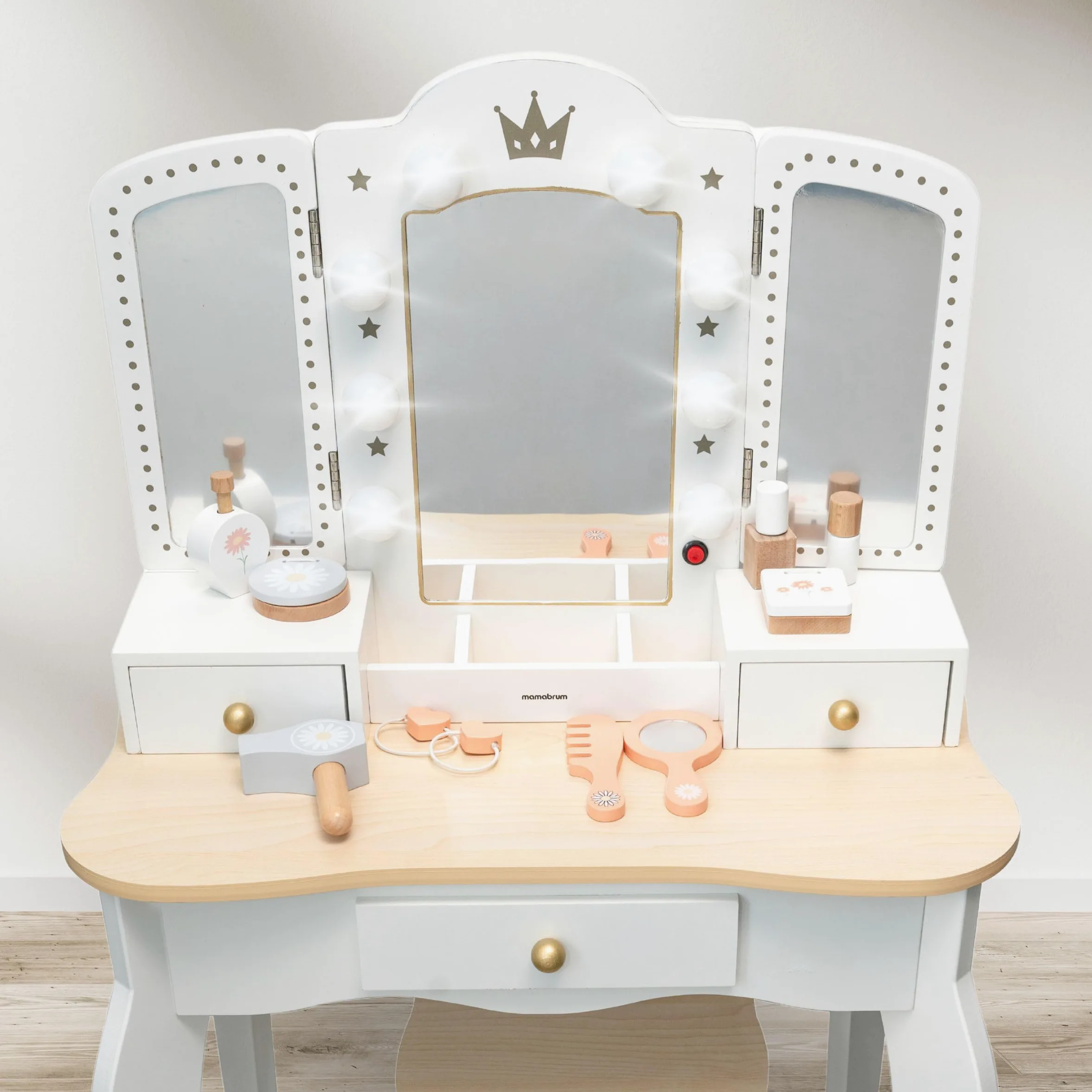 mamabrum Tavolo da Toeletta per Bambini XXL in Legno con Sgabello & Specchio LED – Coiffeuse con Cassetto e Accessori – Scrivania 2-in-1 per Bambine dai 3 Anni