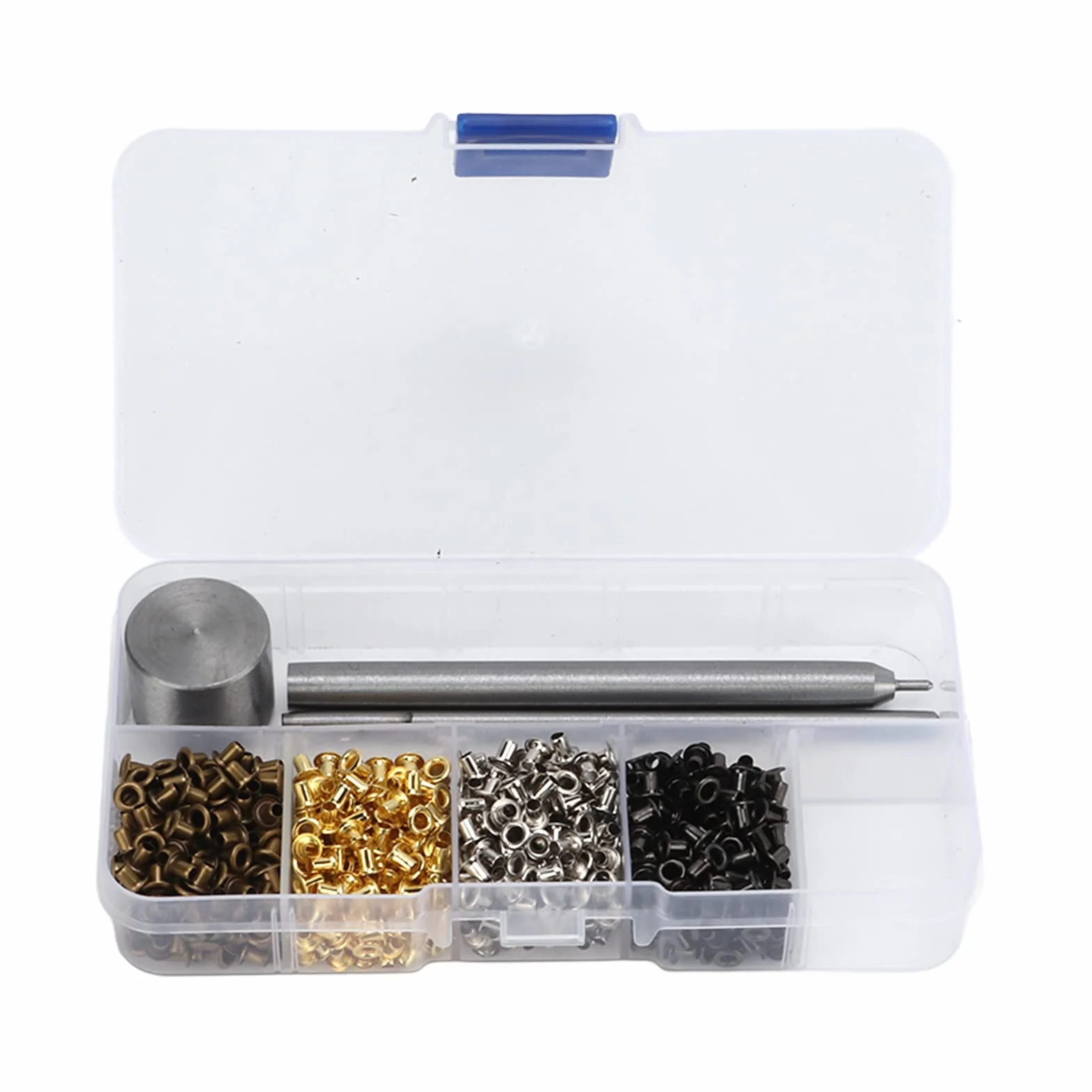 Kit occhielli in metallo per passacavi (2 mm) in ottone/ferro – ideale per borse, scarpe, abbigliamento e pelle; include punzoni e scatola pratica.