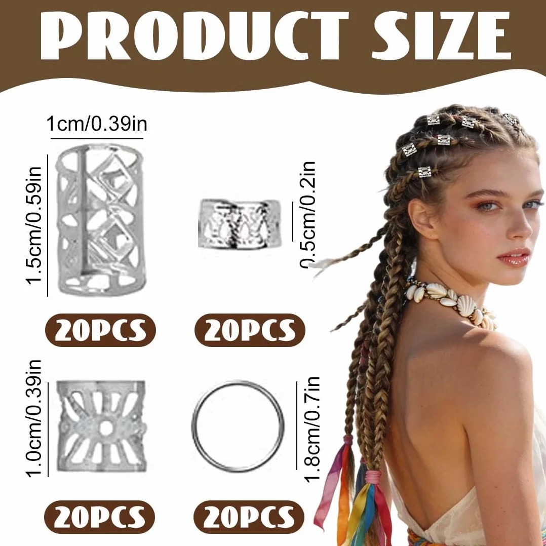 Anelli Per Capelli Clip A Spirale 80 Pezzi Dreadlocks Trecce Argento Accessori Decorativi