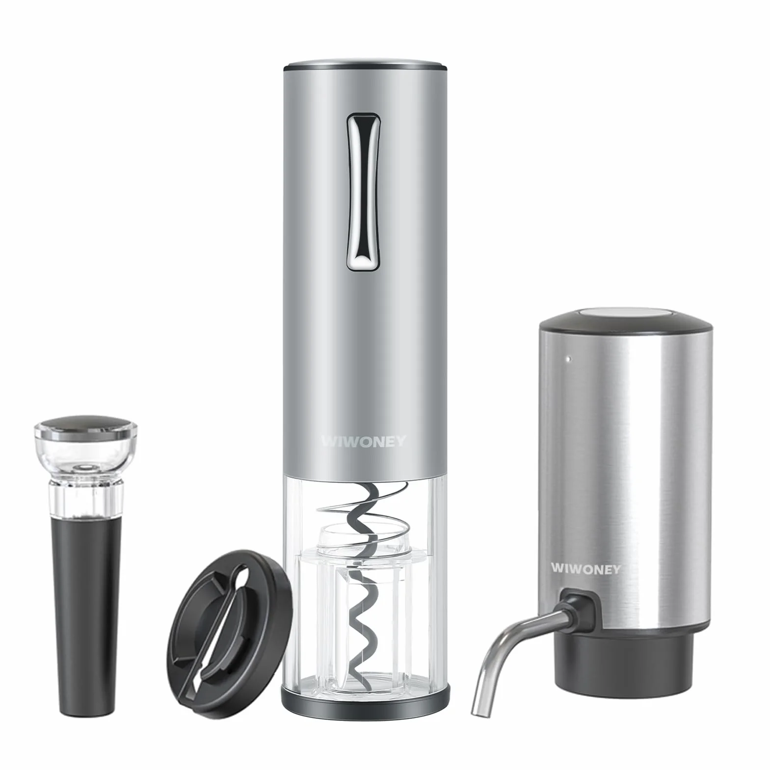 Apribottiglie Elettrico Set 4 in 1 Ricaricabile, Aeratore Vino, Tagliacapsule, Tappo Sottovuoto, Argento