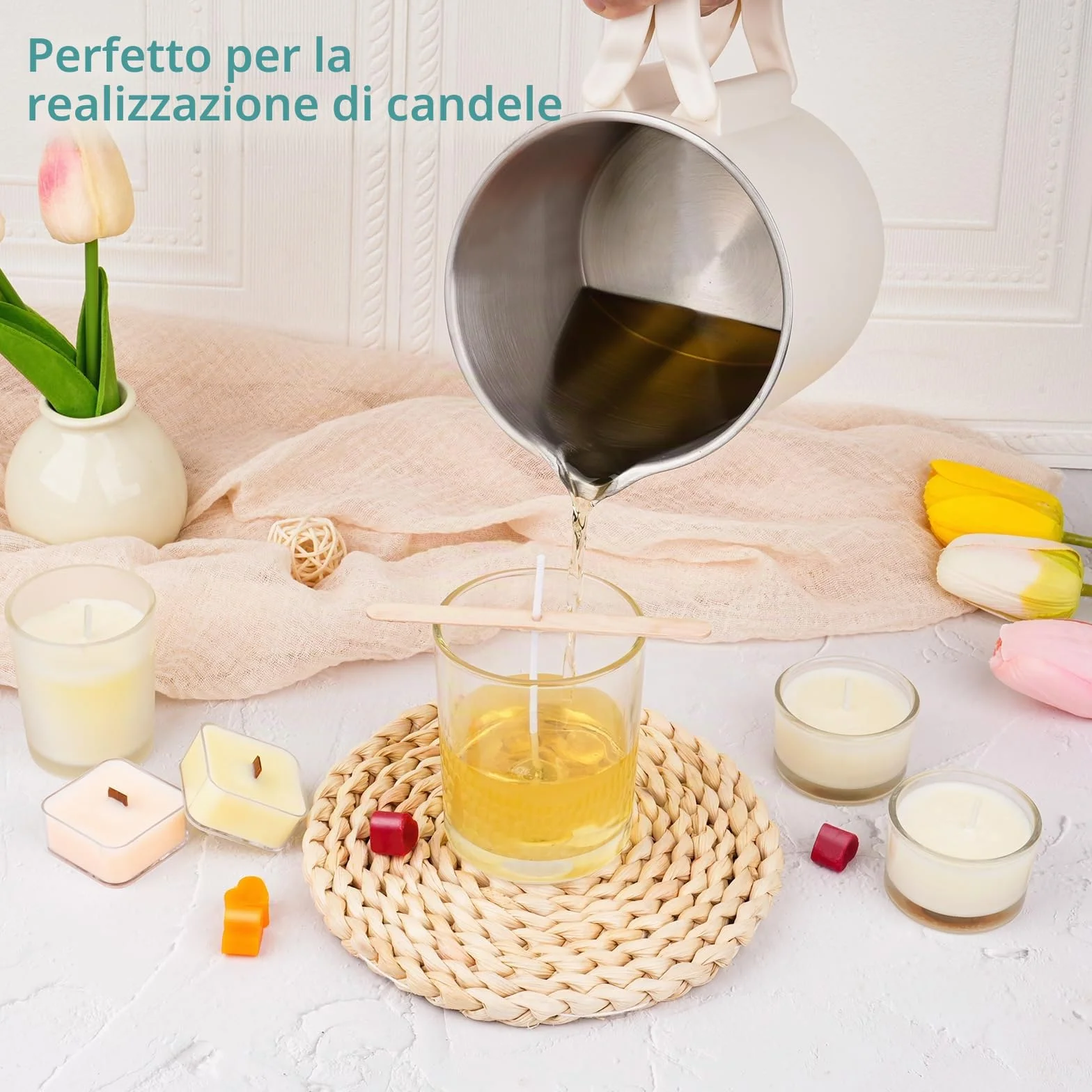 Spoyletto Fusciera elettrica per candele fai da te, set con pentola fusione cera, termometro, stoppino e cucchiaio