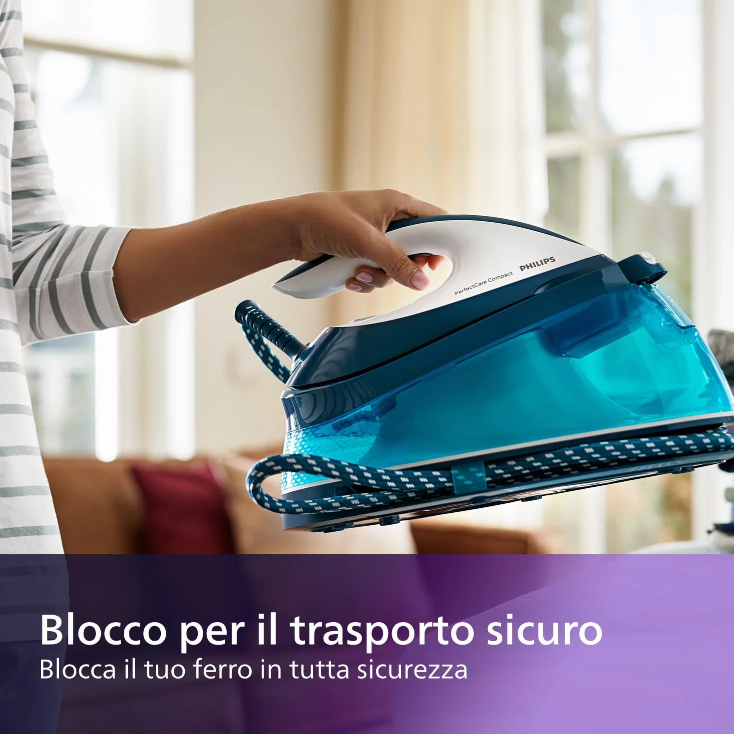Philips PerfectCare Compact Ferro da Stiro con Caldaia - 2400W, Colpo di Vapore 400g, Pressione 6,5 Bar, Tecnologia OptimalTEMP, Serbatoio 1,5 l, Bianco/Blu (GC7844/20)