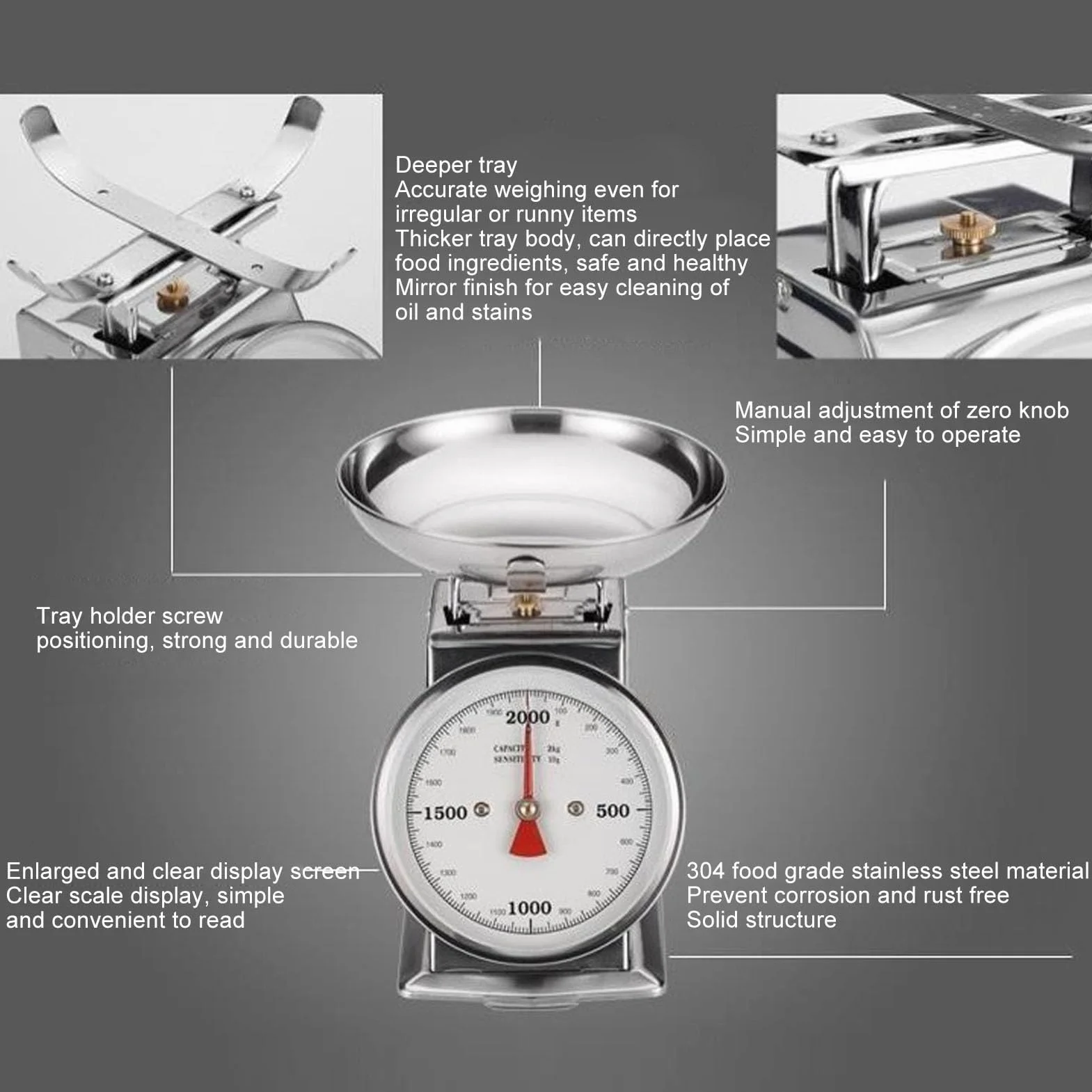 Fockety Bilancia da Cucina Meccanica, quadrante della Bilancia analogica in Acciaio Inox per Alimenti con Ciotola Rimovibile, 2KG o 4KG 2 Dimensioni, Bilancia per Il Peso degli Alimenti (2 kg)