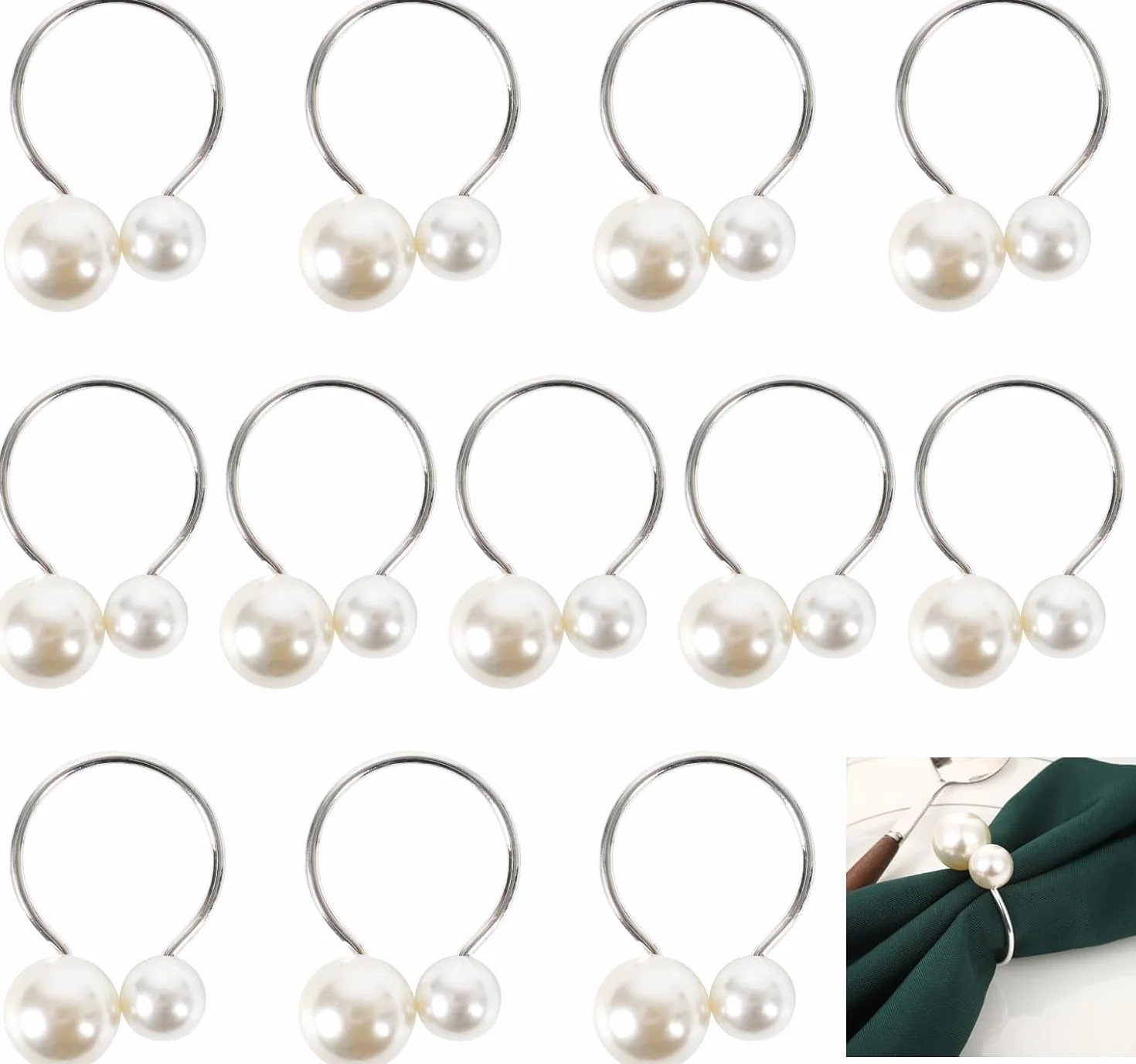 12PCS Anelli per Tovaglioli di Perle Portatovaglioli con Perline Fibbia Tovagliolo Argento per Decorazione da Tavolo Feste Natale San Valentino Matrimonio Compleanno