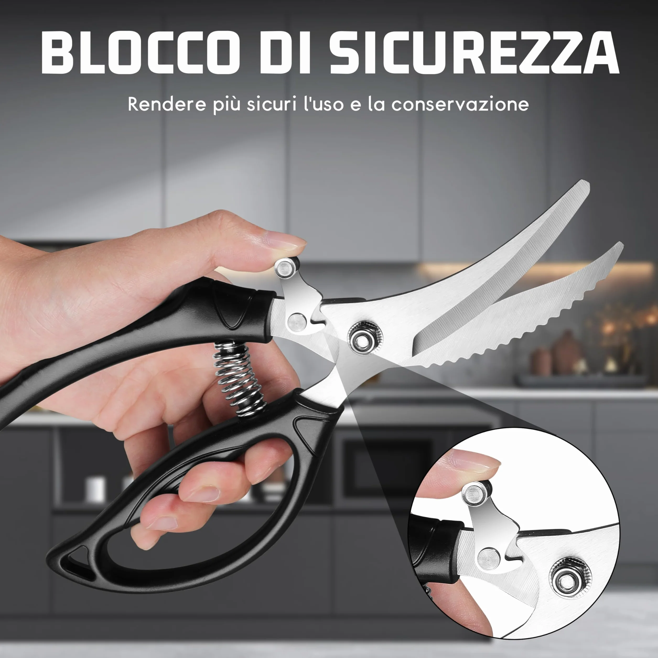 Forbici da Cucina Professionali: Trinciapollo Affilate Con Blocco di Sicurezza e Molla, Adatte per Pollo, Pesce, Carne, Ossa e Verdure