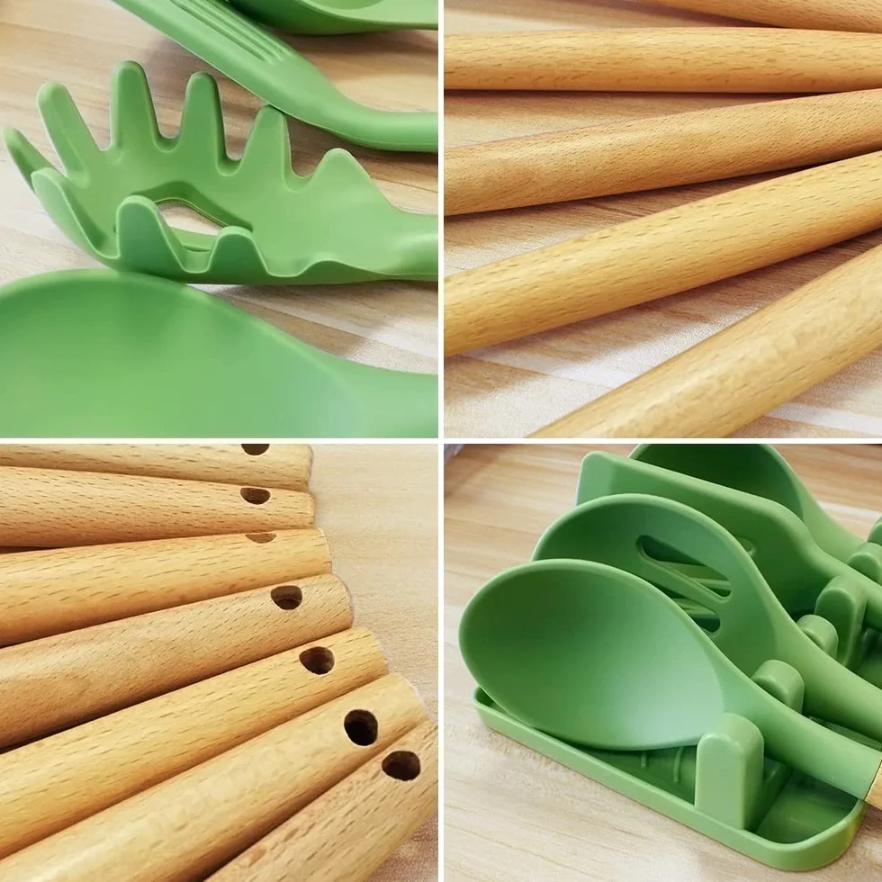 Set di 13 utensili da cucina in silicone resistente al calore con vassoio e manico in legno - Verde Avocado