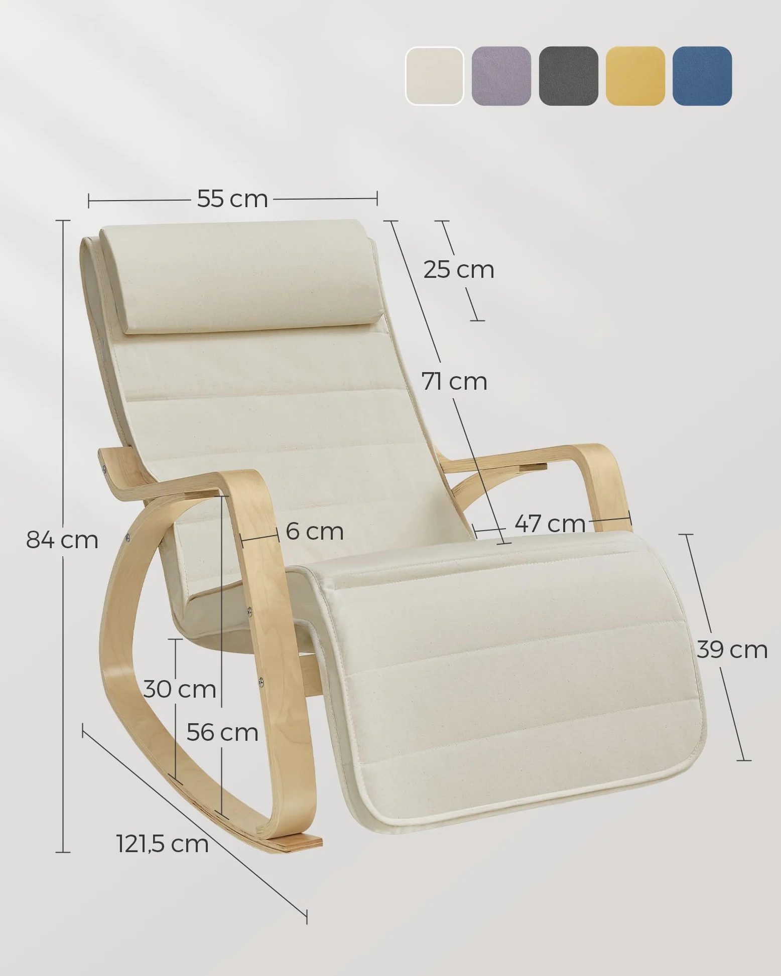 SONGMICS Sedia a Dondolo con Braccioli in Legno di Betulla, Poltrona a Dondolo con Poggiapiedi Regolabile in 5 Posizioni, Max Portata 150 kg, Soggiorno Cameretta, Beige LYY10M