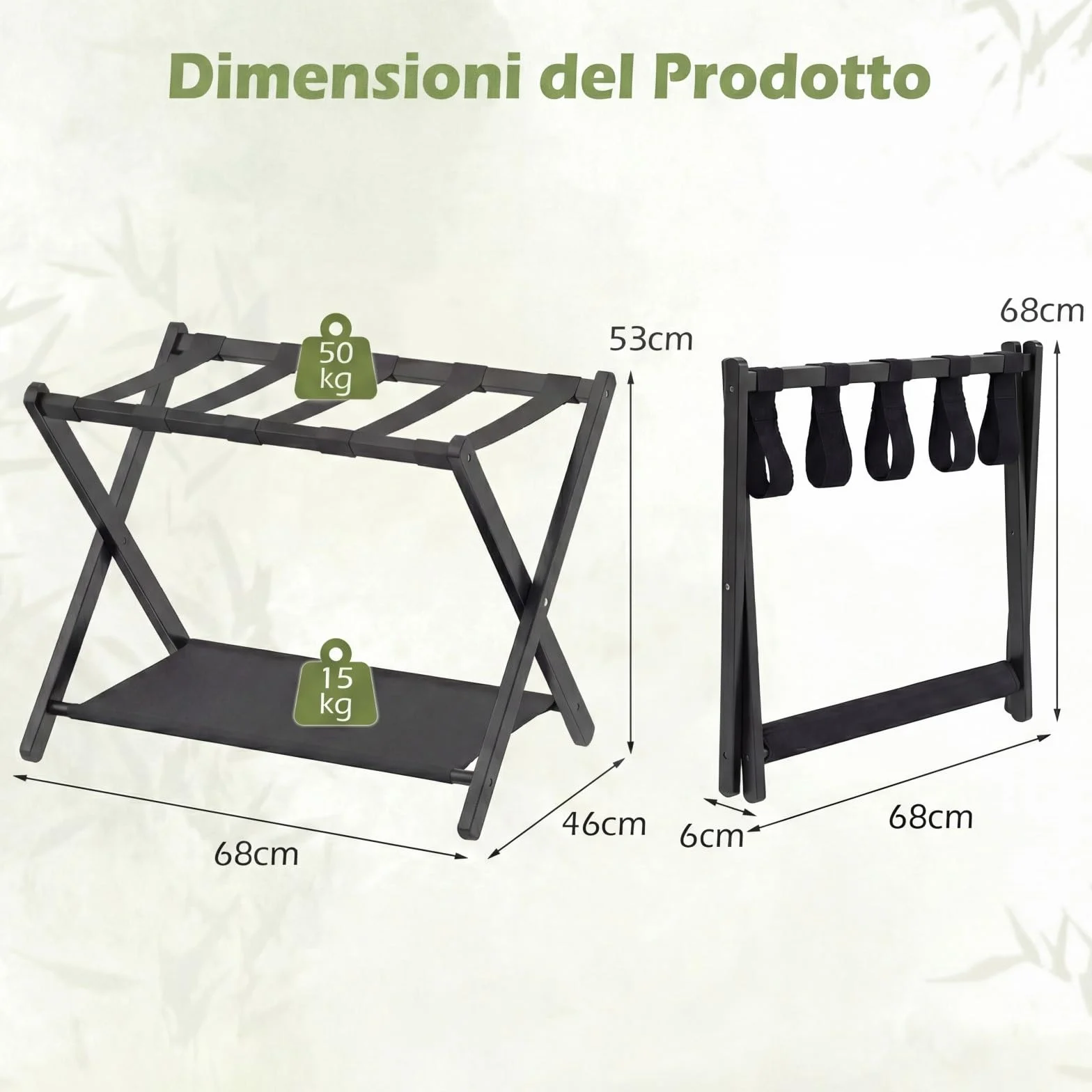 COSTWAY 2 Pz Portavaligia Pieghevole in Bamboo con Cinghie, Tessuto Oxford, Portata 65 kg, Nero