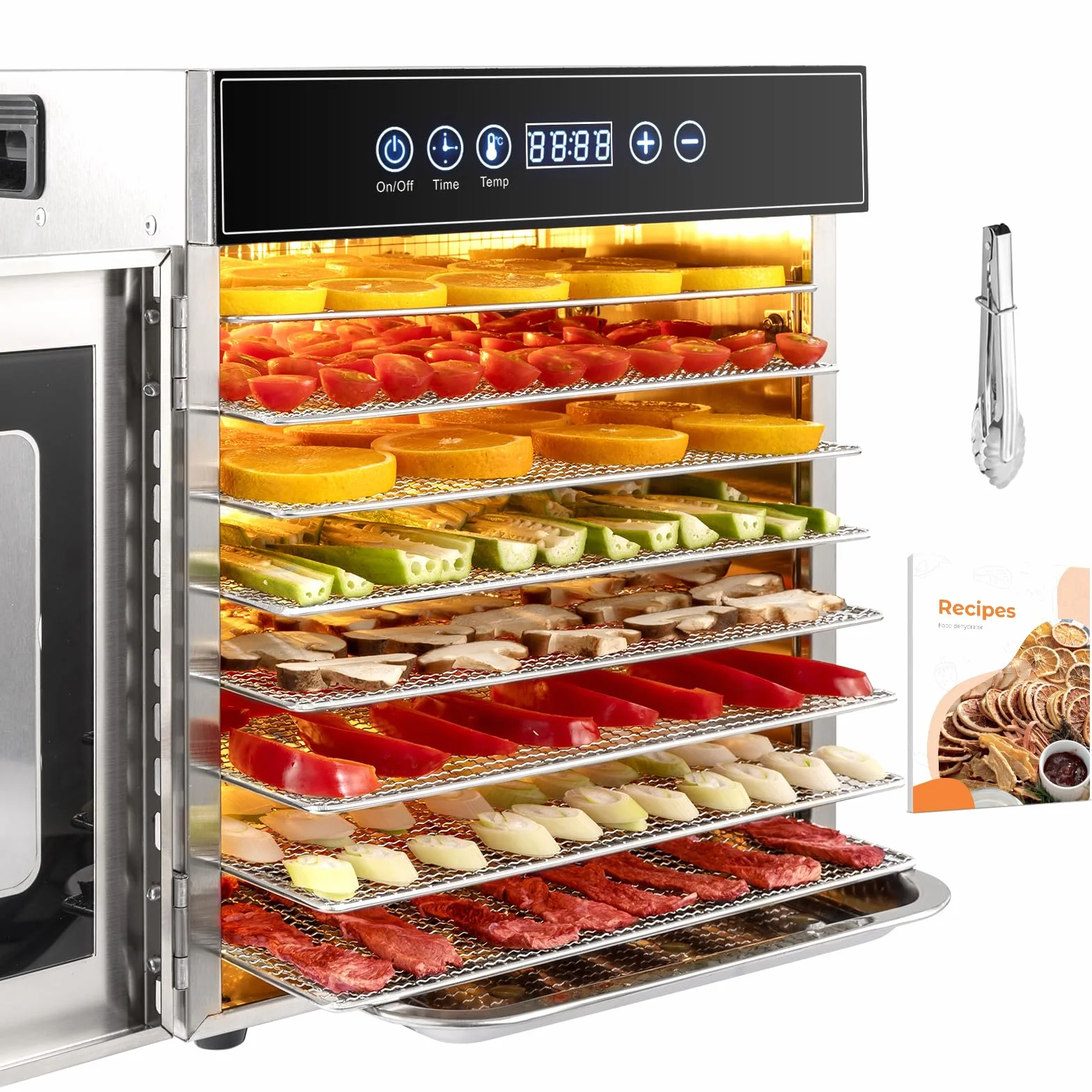 Kwasyo Essiccatore Alimentare Acciaio Inox, 8 Vassoi Con Display LCD, 24 ore Timer, 30-90°C Temperatura Regolabile,500W Essiccatore di Frutta e Verdura, Vassoi Lavabili in Lavastoviglie