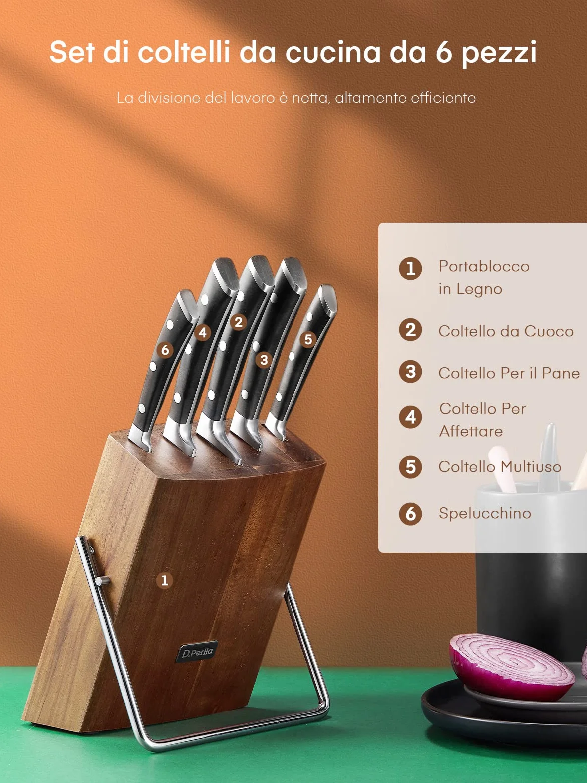 D.Perlla 6 Pezzi Set di Coltelli da Cucina, Set Coltelli Tedesco X50Cr15 in Acciaio Inossidabile, Ceppo Coltelli Professionali con Blocco in Legno, Coltelli per Frutta e Verdura