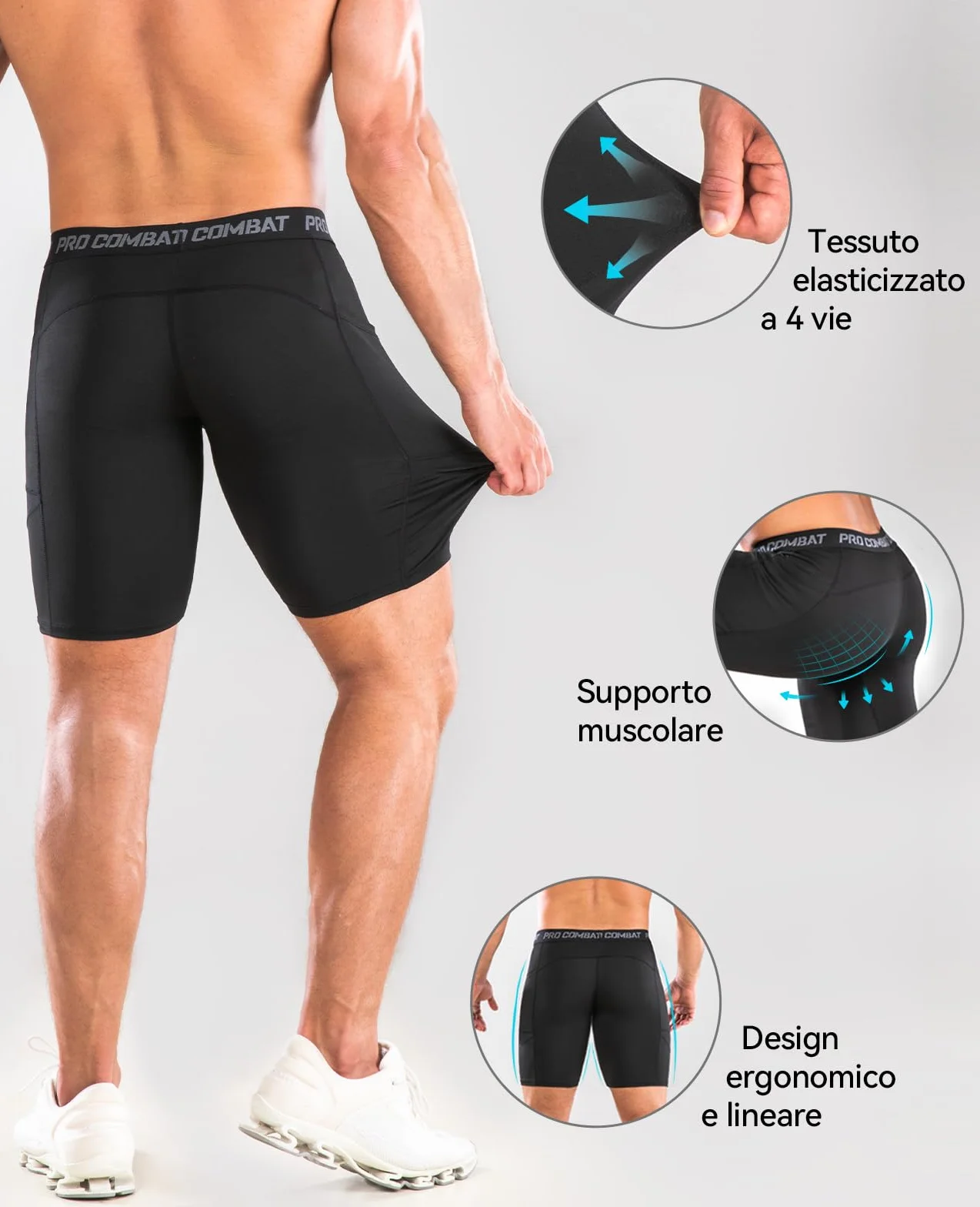 Pantaloncini Compressione Uomo Fitness con Tasca per Cellulare