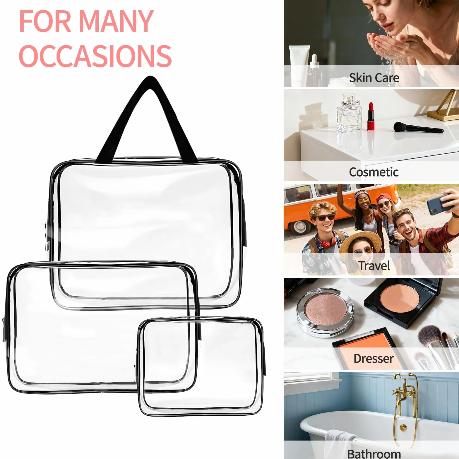 Beauty Case Trasparente, Borse da Viaggio Impermeabile, 3 Pezzi Borsa da Toilette Contenitori Cosmetici con Zip, Set Buste per Trasporto Trousse con Maniglia, per Bagno e Viaggio