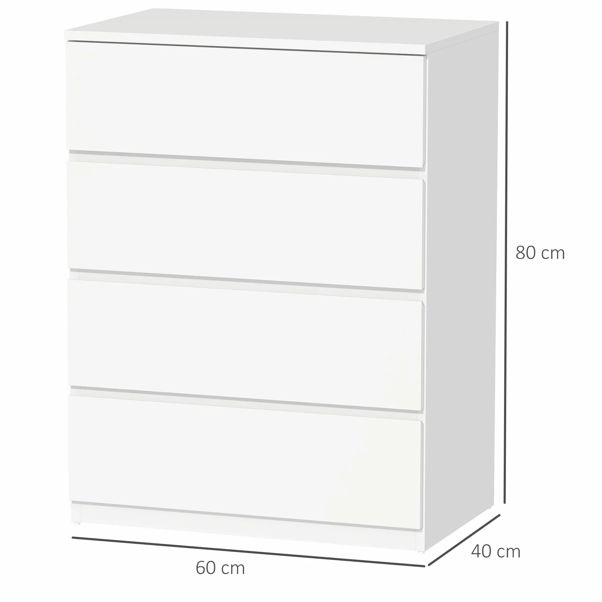 HOMCOM Cassettiera Camera da Letto 4 Cassetti, Comò Camera da Letto in Legno, per Soggiorno, Sala da Pranzo e Corridoio, 60x40x80 cm, Bianco