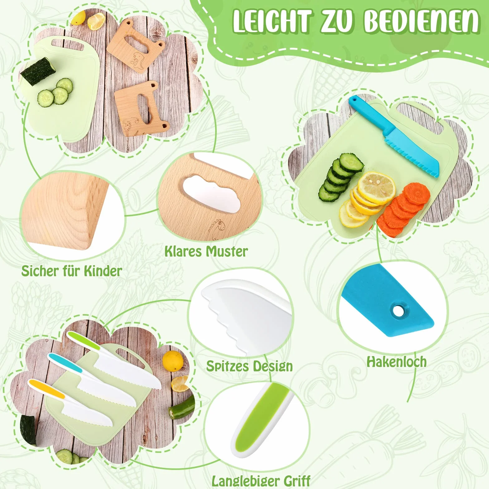 Goodchef Set di 5 coltelli da cucina per bambini per tagliare e cucinare frutta o verdura per bambini piccoli, con coltello in legno a prova di bambino a partire dai 2 anni (dinosauro dagli occhi