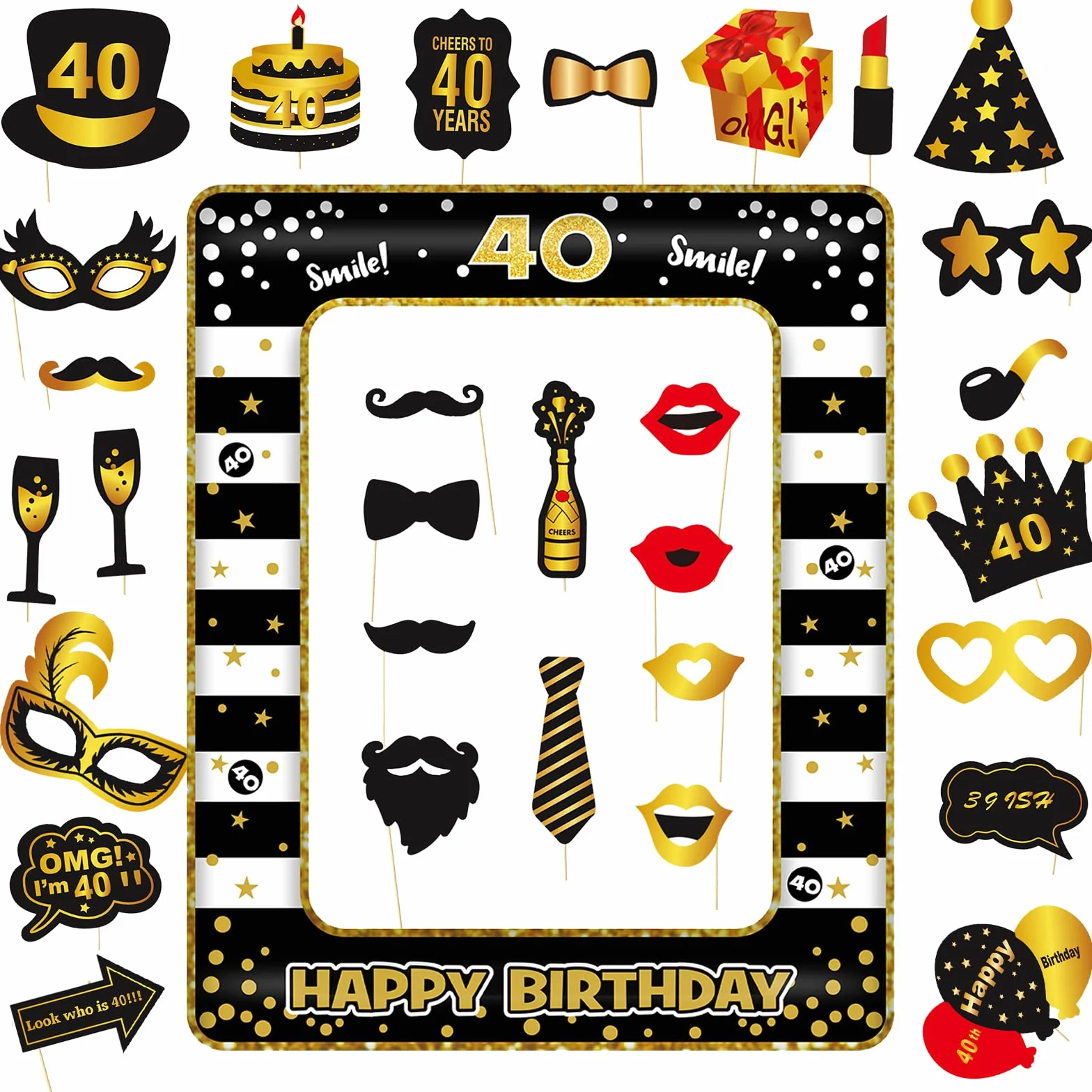 VEGCOO Gadget Foto Props Accessori Kit 32 Pezzi Photo Booth Compleanno 40 Anni