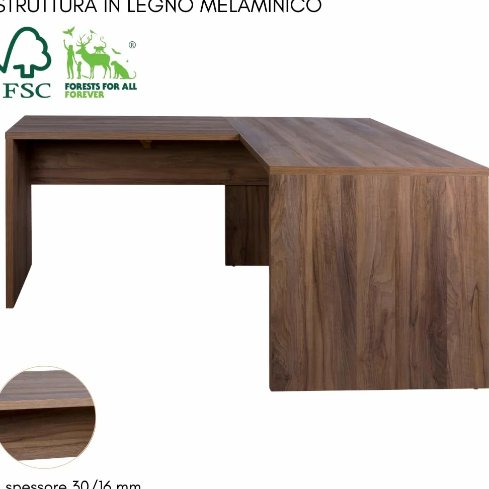 ZIK Scrivania Angolare Moderna per Ufficio Salvaspazio, Tavolo Pc in Legno, Ampio Ripiano Porta Computer, Made in Italy, per Casa o Studio, Design Moderno (160/178x68x74)
