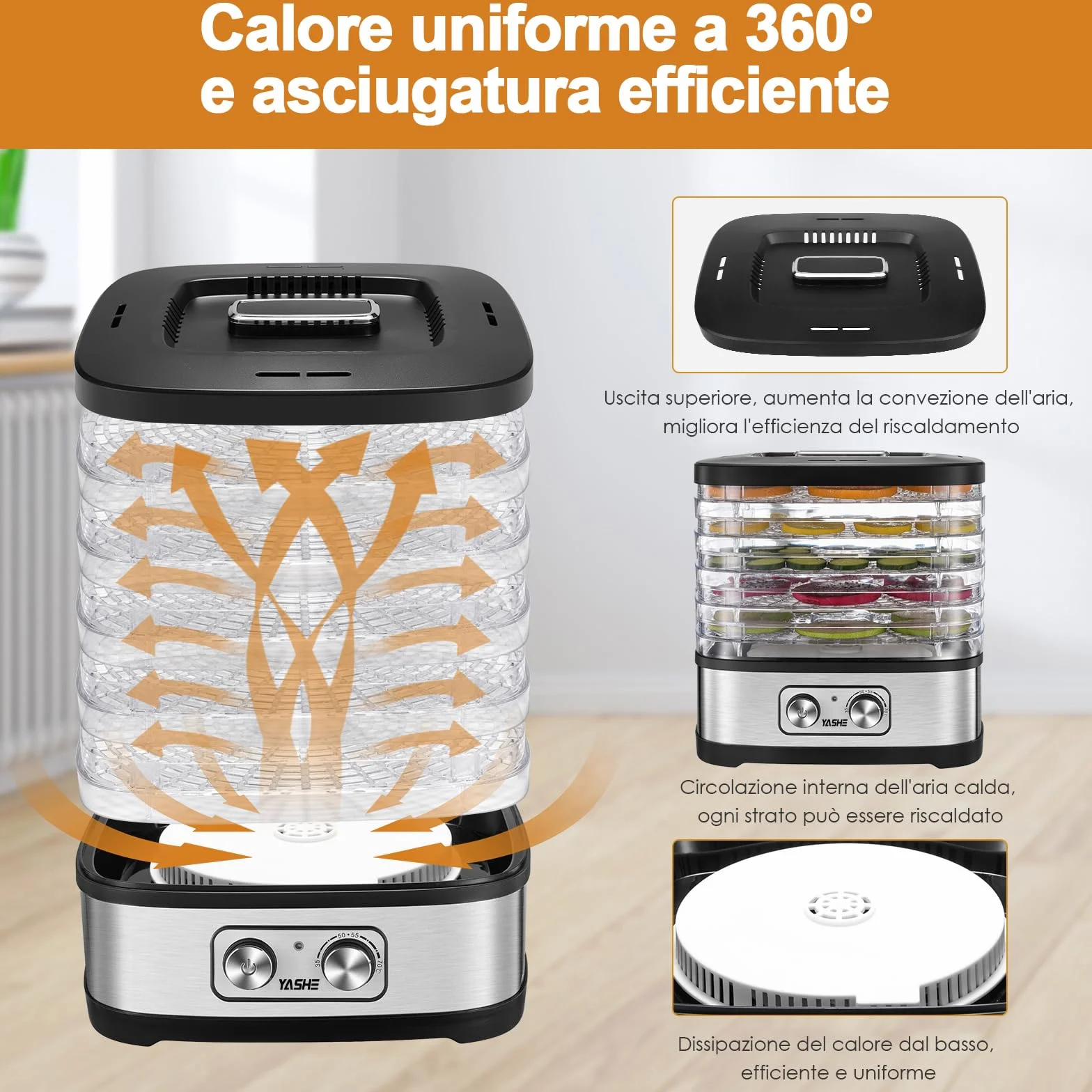 YASHE GGJ-261A Essiccatore Alimentare, 5 Vassoi Regolabili in Altezza, Controllo della Temperatura da 35 a 70°C, Essiccatore Frutta e Verdura da 240 Watt, Senza BPA