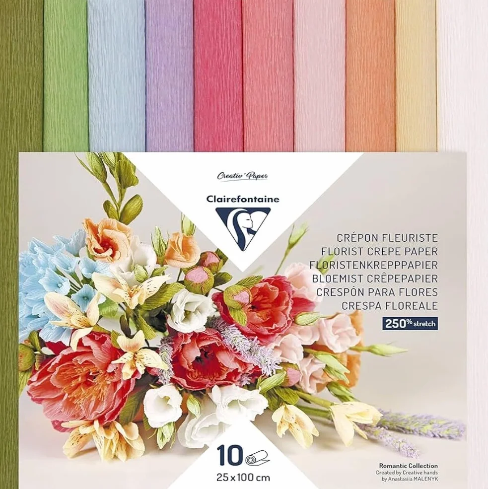 Clairefontaine 10 Rotoli Carta Crespa 25x100 cm 160g 250% Elasticità Fiori Pastello
